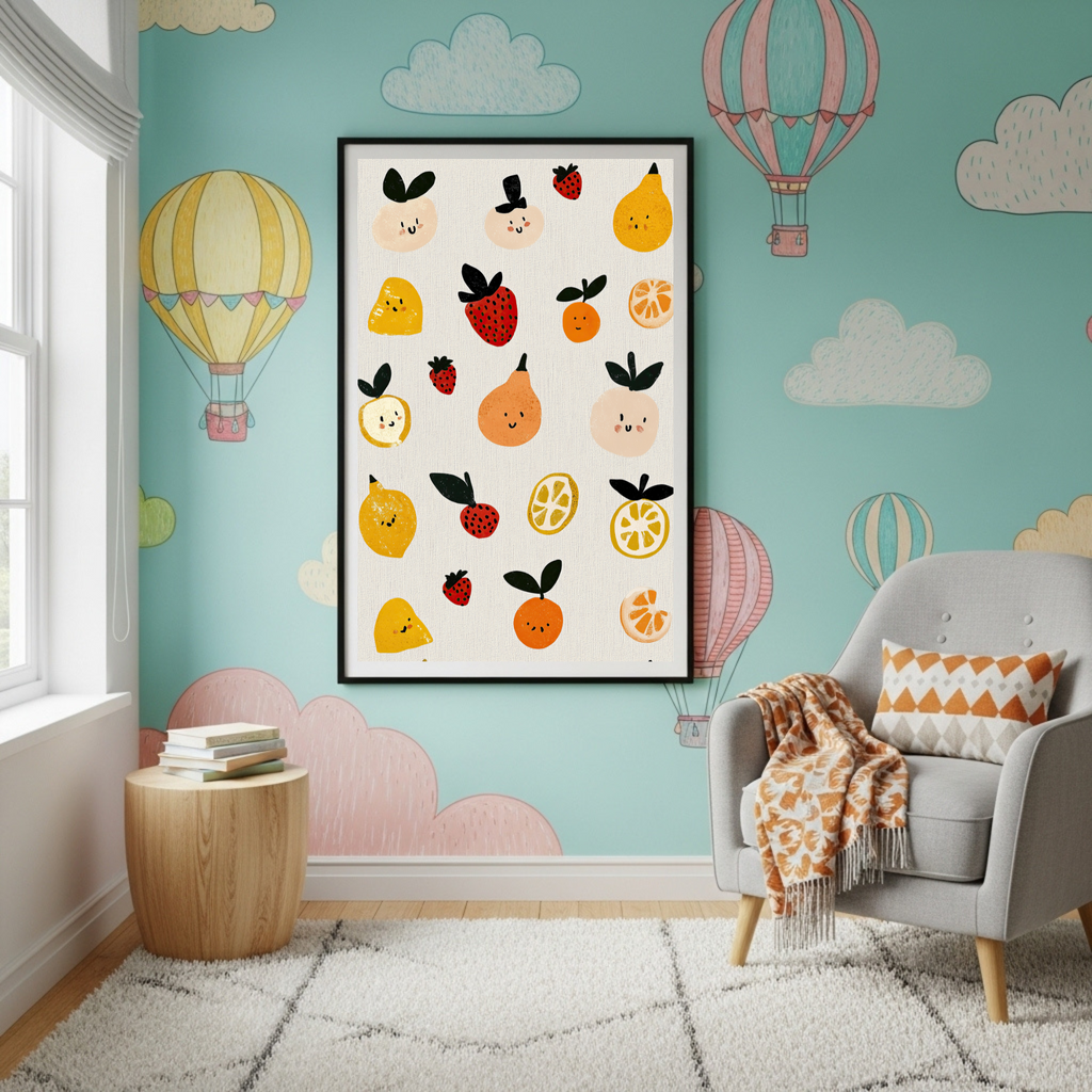 Charming Kawaii Fruit Poster – Cute & Playful Food Art for Kids & Kitchens