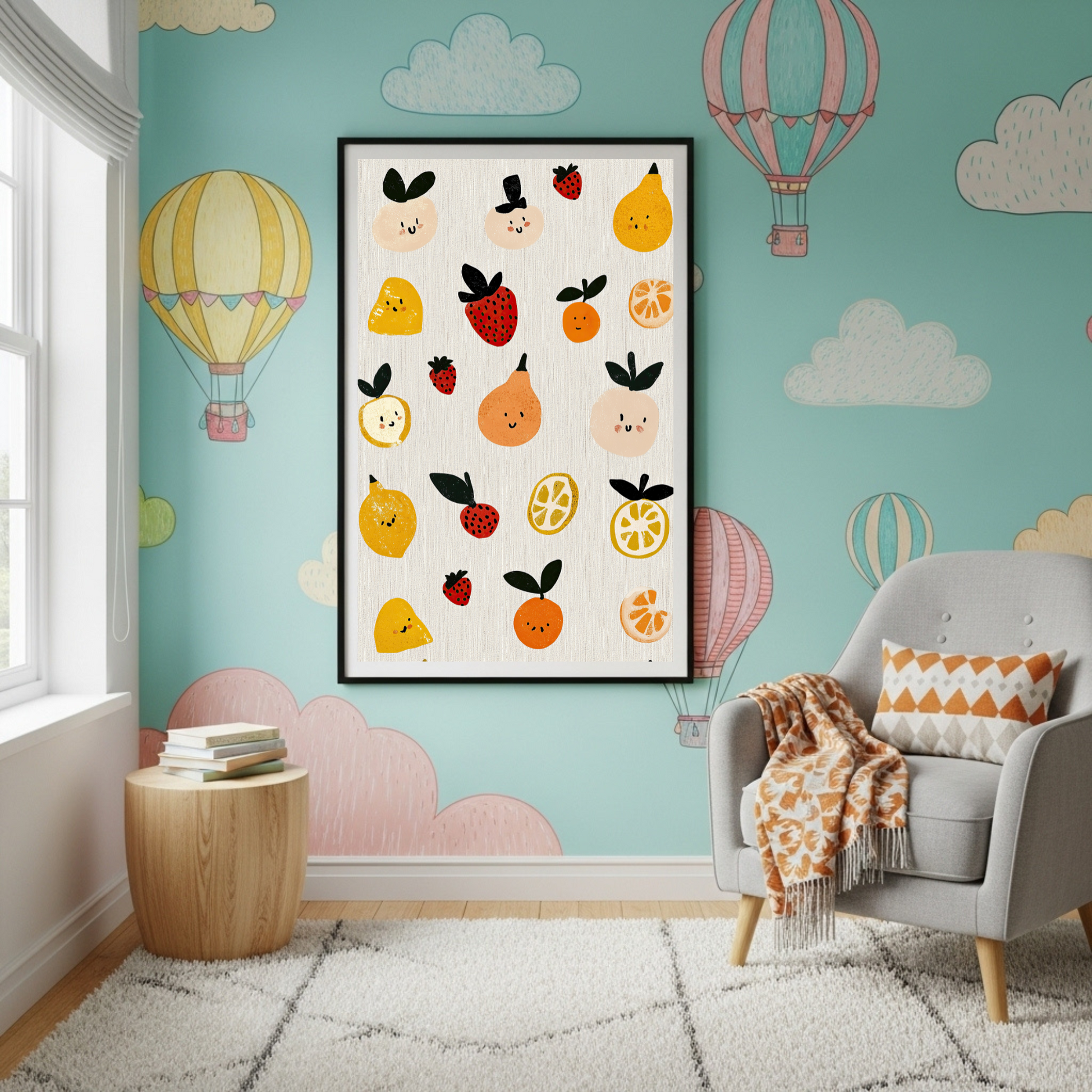 Charming Kawaii Fruit Poster – Cute & Playful Food Art for Kids & Kitchens