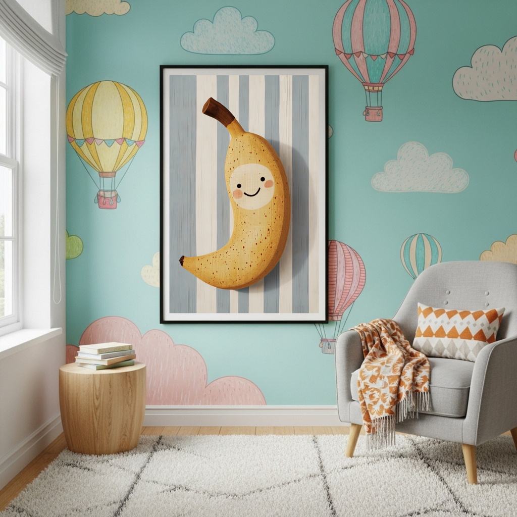 Charming Smiling Banana Poster - Whimsical Fruit Art for Kids' Rooms & Playful Decor