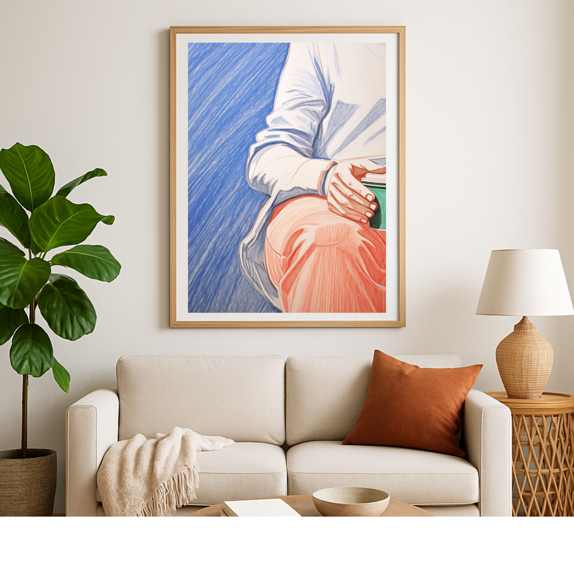 Blue and Orange Sketch with Coffee Art Print