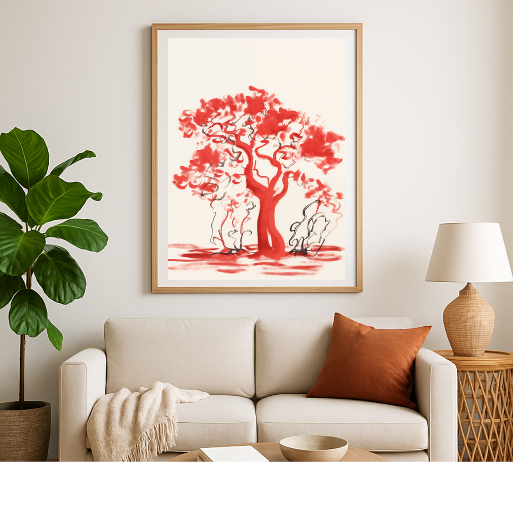Abstract Red Tree on Cream Canvas Art Print