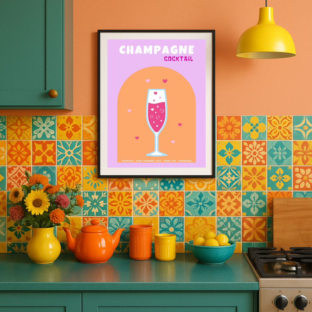Bubbly Champagne Cocktail Poster - Vibrant Pop Art with Hearts & Pastel Hues for Your Space