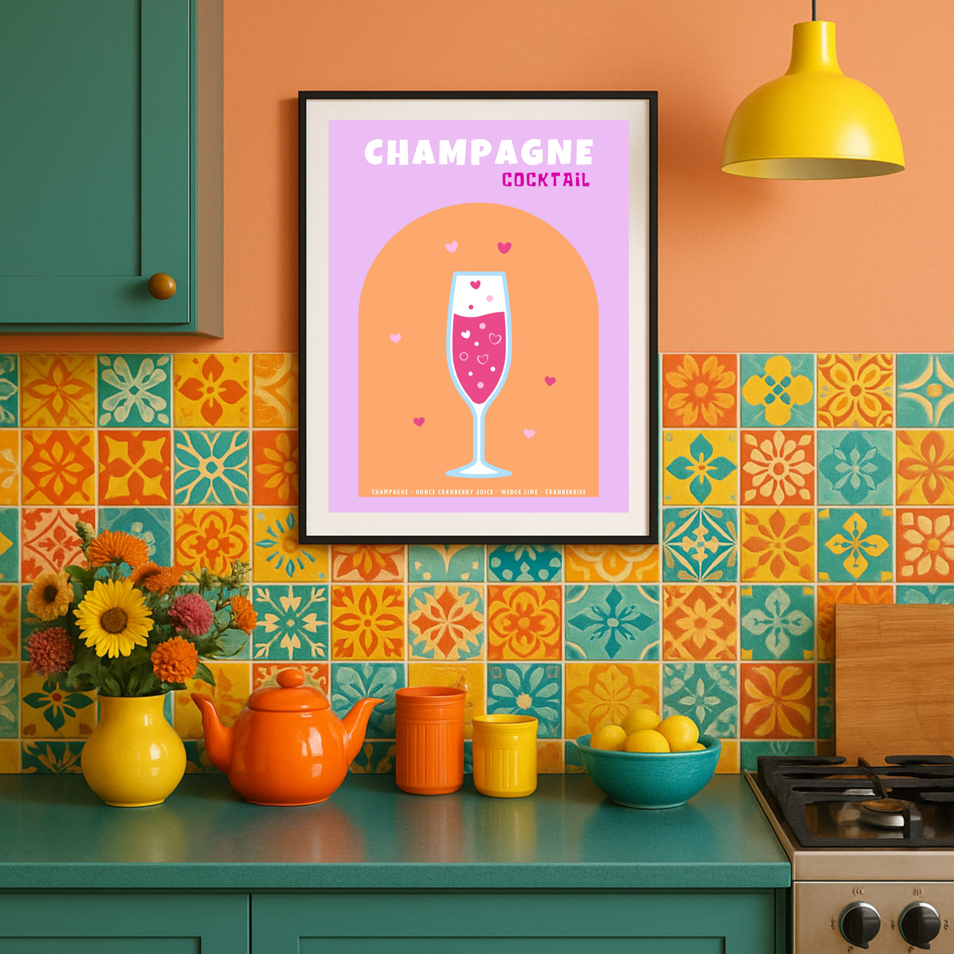 Bubbly Champagne Cocktail Poster - Vibrant Pop Art with Hearts & Pastel Hues for Your Space