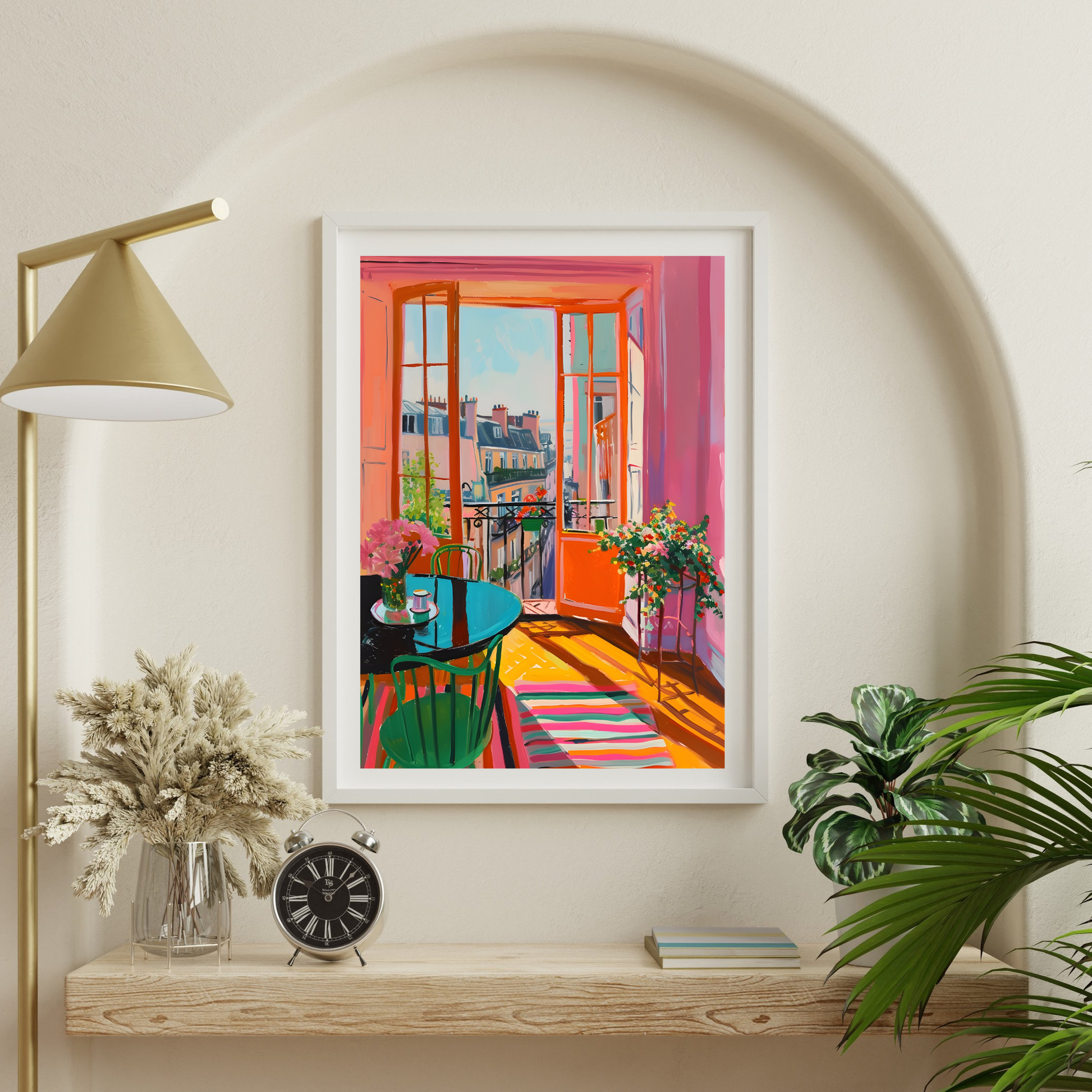 Vibrant Parisian Balcony Art Print: Colorful Abstract Cityscape Poster for Modern Homes