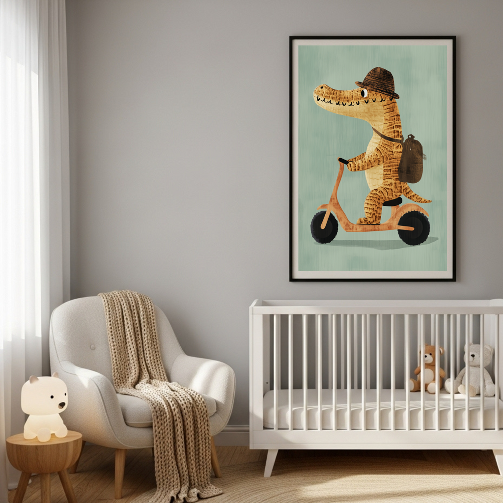 Charming Alligator on Scooter Poster - Whimsical Kids' Room Decor & Animal Art Print