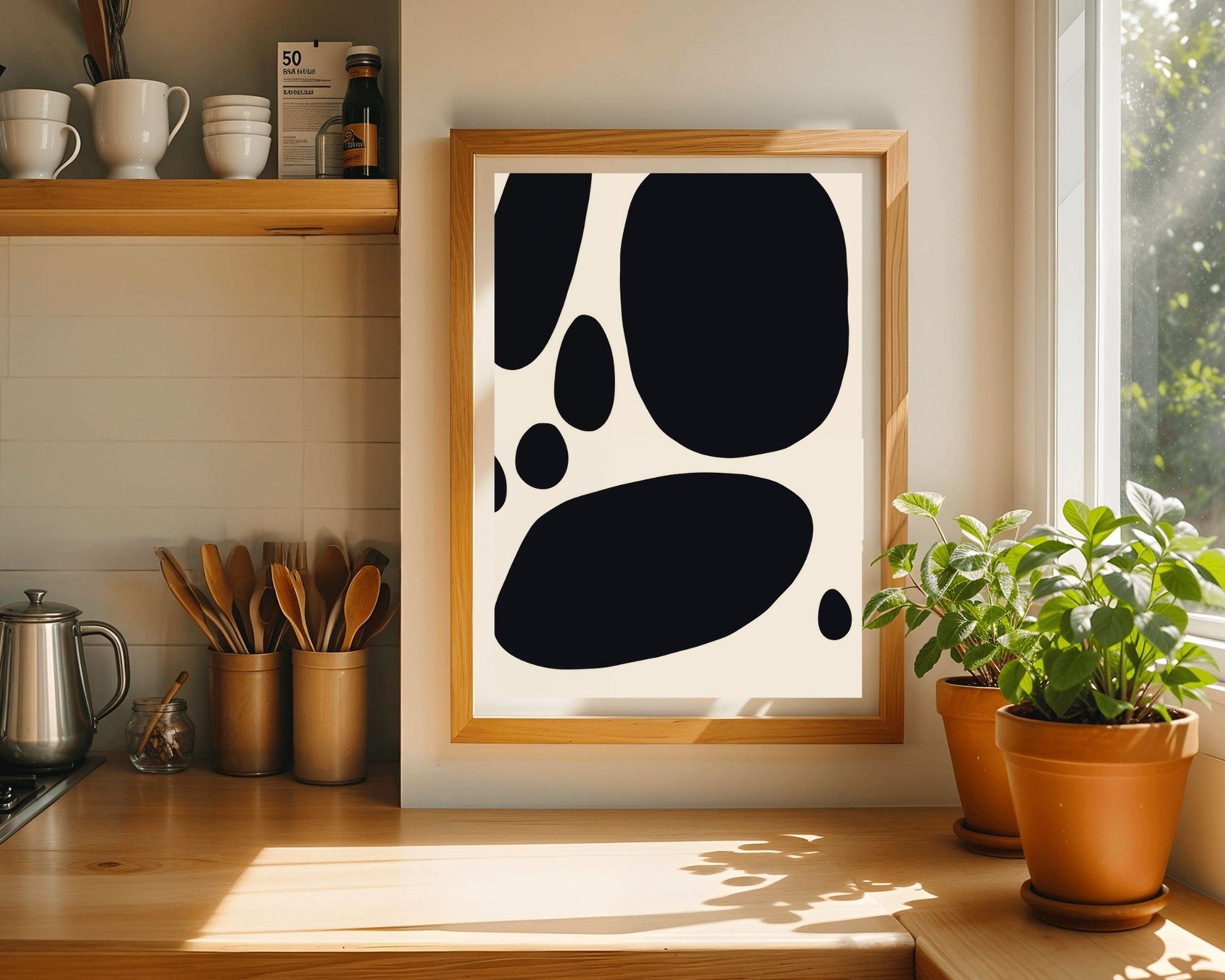 Black Abstract Shapes on Beige Art Print