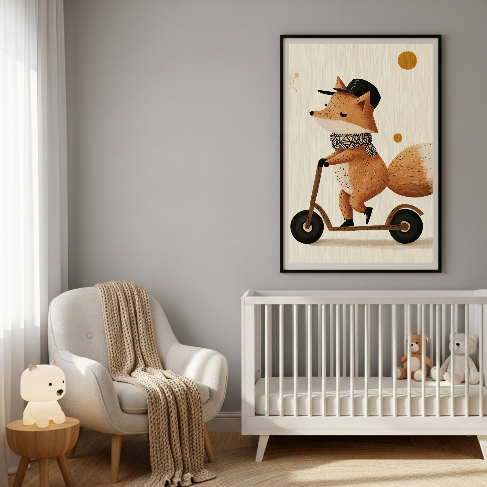 Charming Fox on Scooter Art Print: Whimsical Woodland Decor for Kids' Rooms & Nurseries