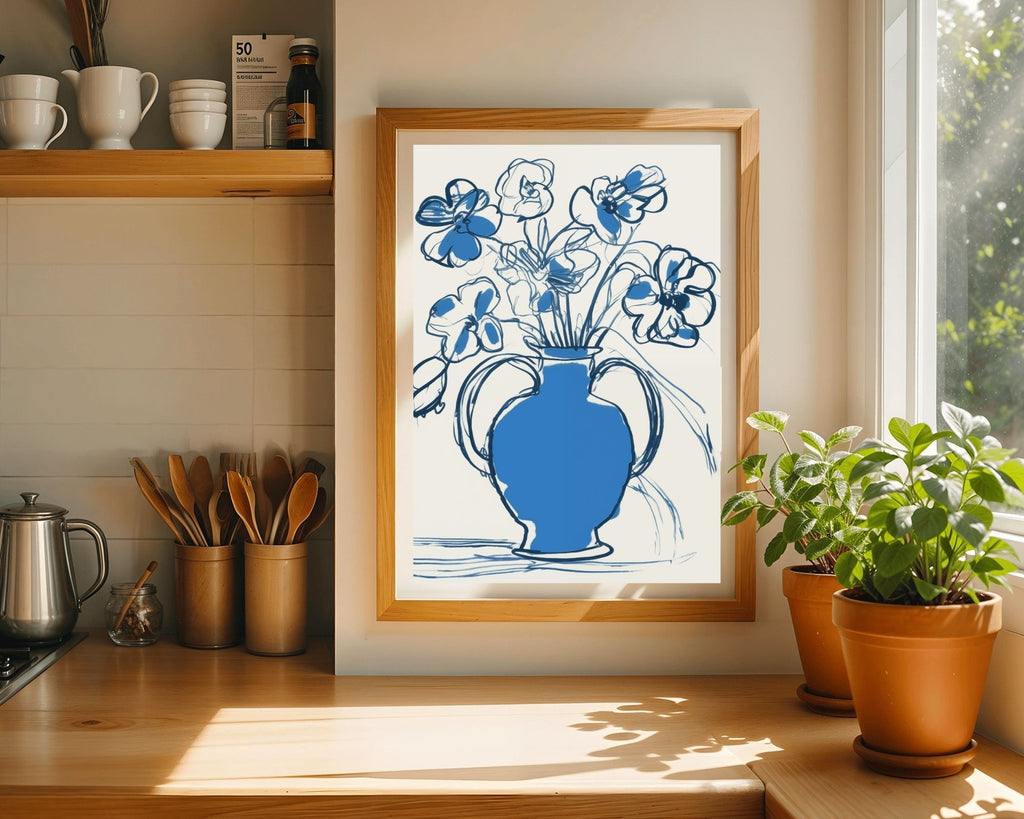 Blue Floral Vase Sketch Art Print