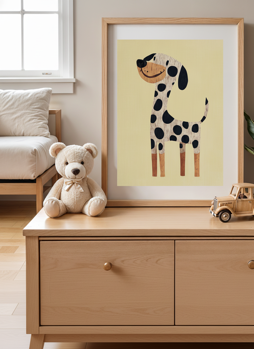 Charming Spotted Dalmatian Dog Art Print - Whimsical Wooden Style Poster