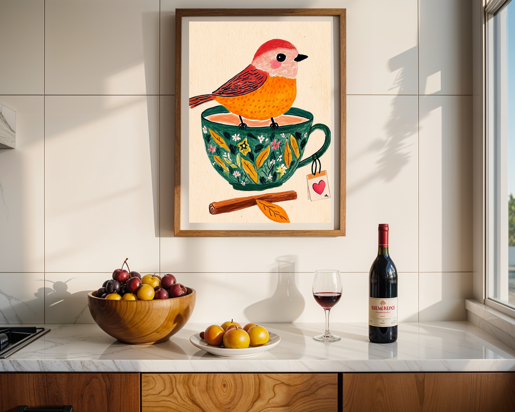 Charming Bird on Teacup Art Print - Whimsical Folk-Art Style Poster in Various Sizes