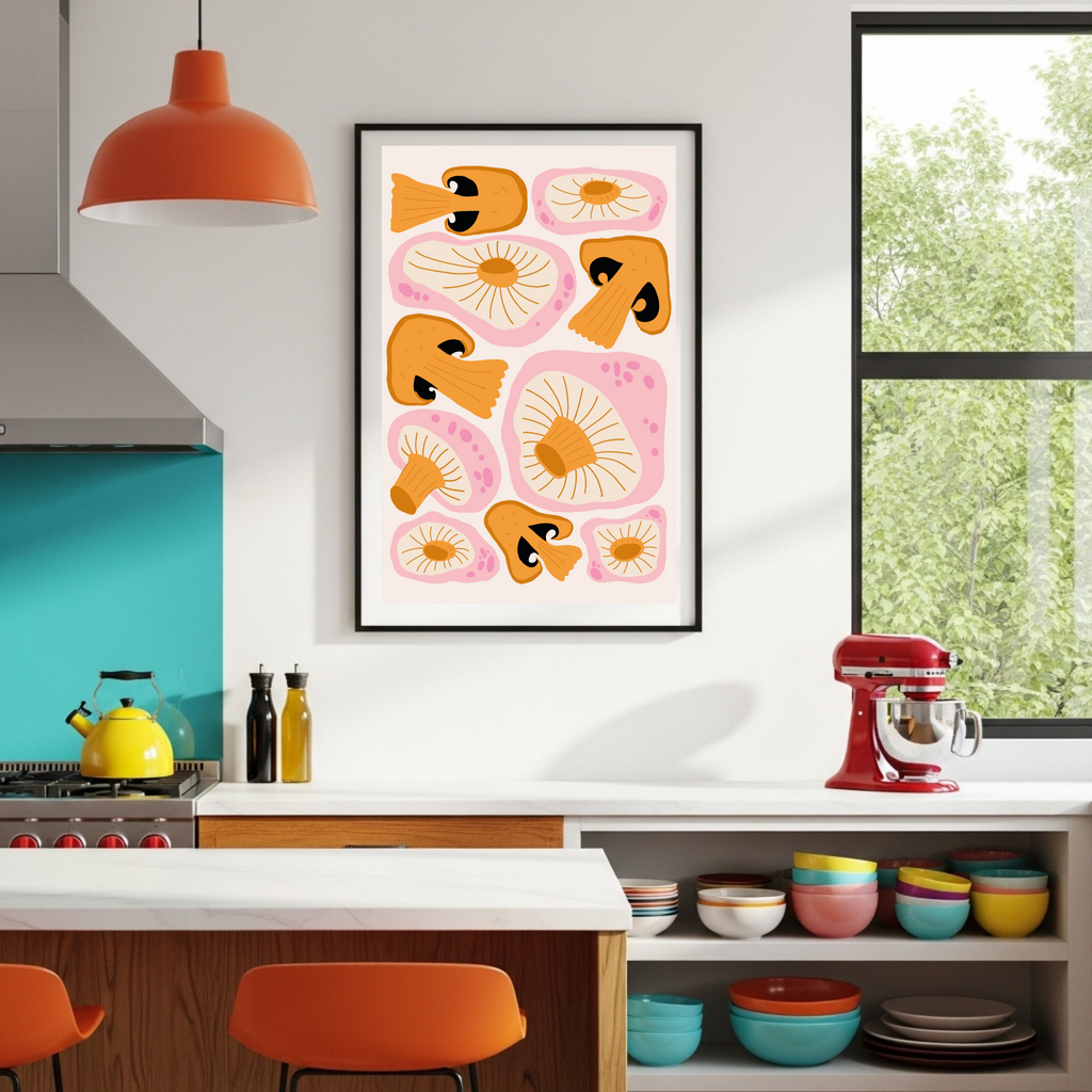 Abstract Pink & Orange Mushroom Poster - Whimsical Fungi Art for Modern Spaces