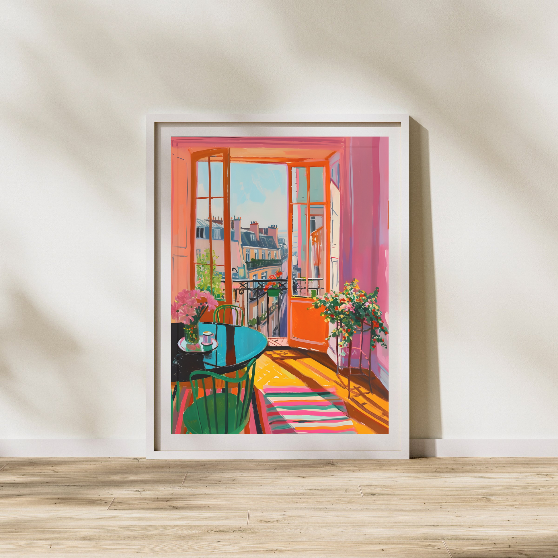 Vibrant Parisian Balcony Art Print: Colorful Abstract Cityscape Poster for Modern Homes