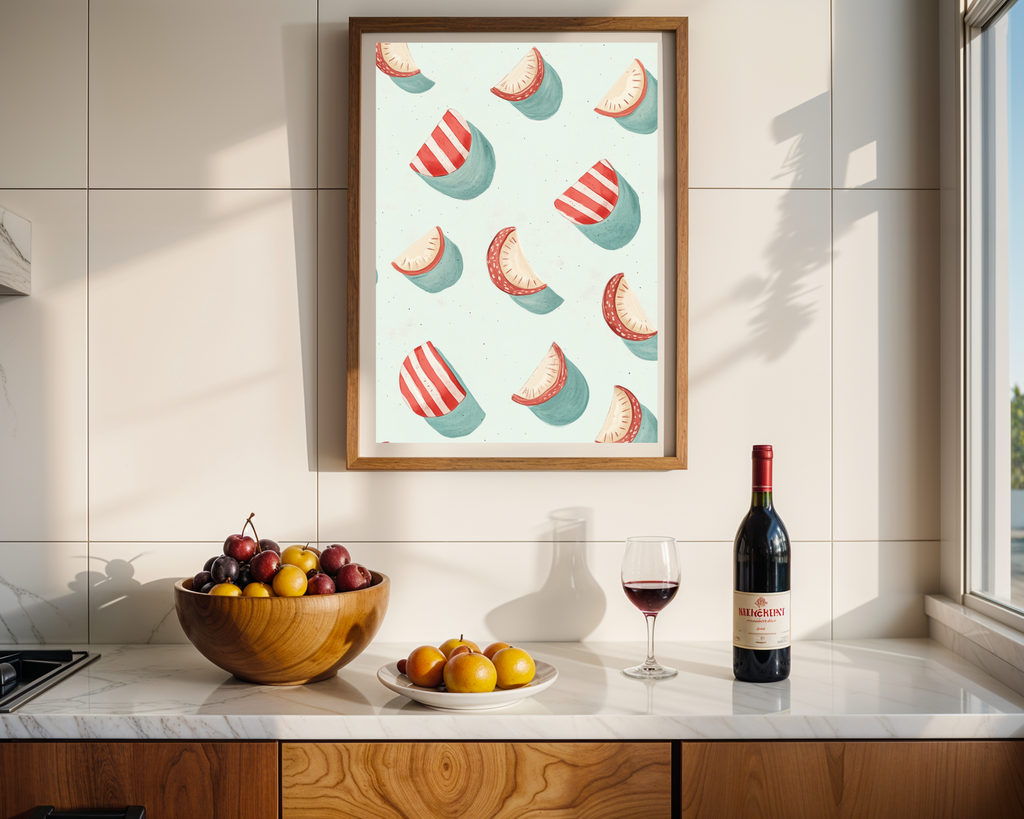 Charming Watermelon Slice & Striped Motif Poster - Whimsical Pink & Teal Wall Art