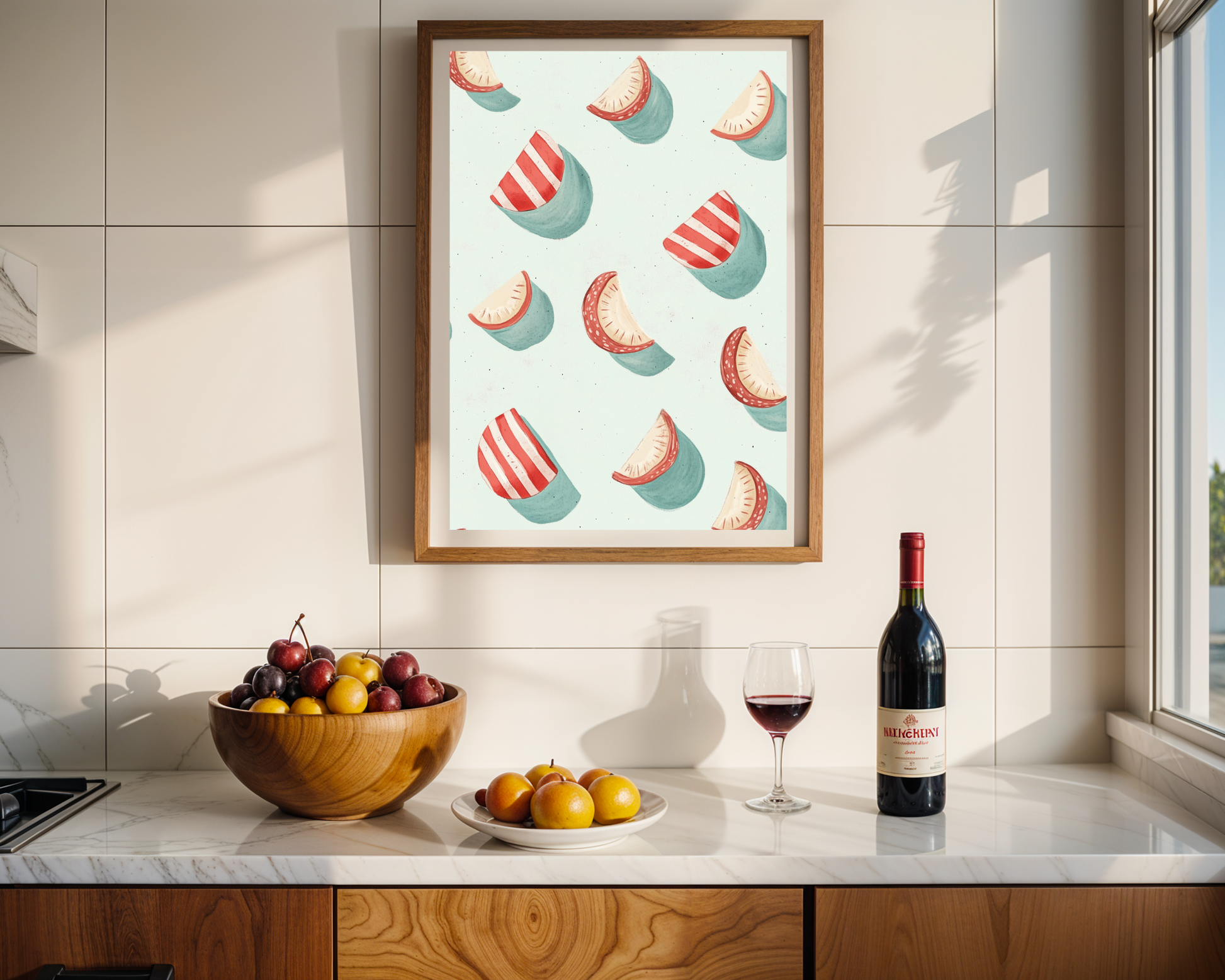 Charming Watermelon Slice & Striped Motif Poster - Whimsical Pink & Teal Wall Art