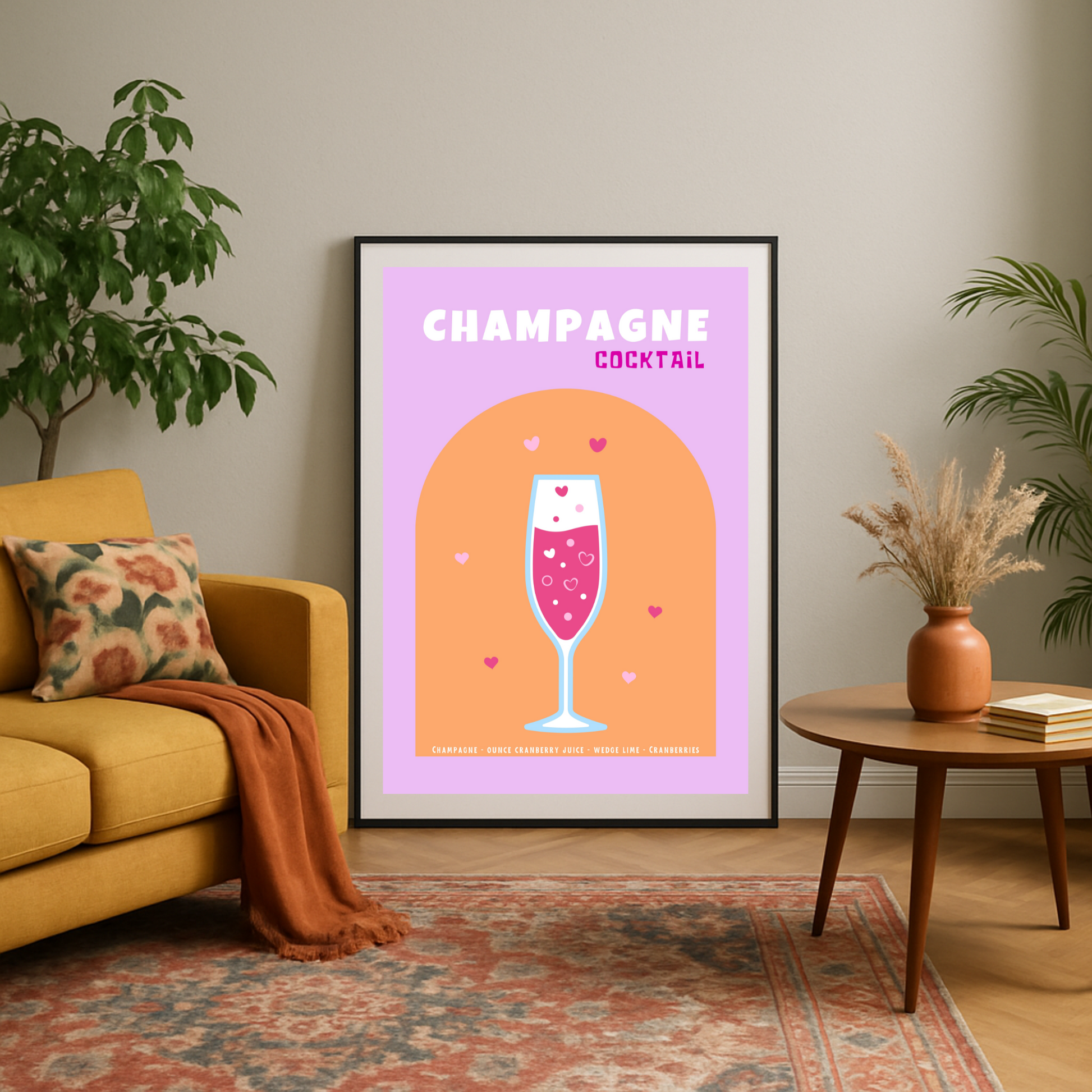 Bubbly Champagne Cocktail Poster - Vibrant Pop Art with Hearts & Pastel Hues for Your Space