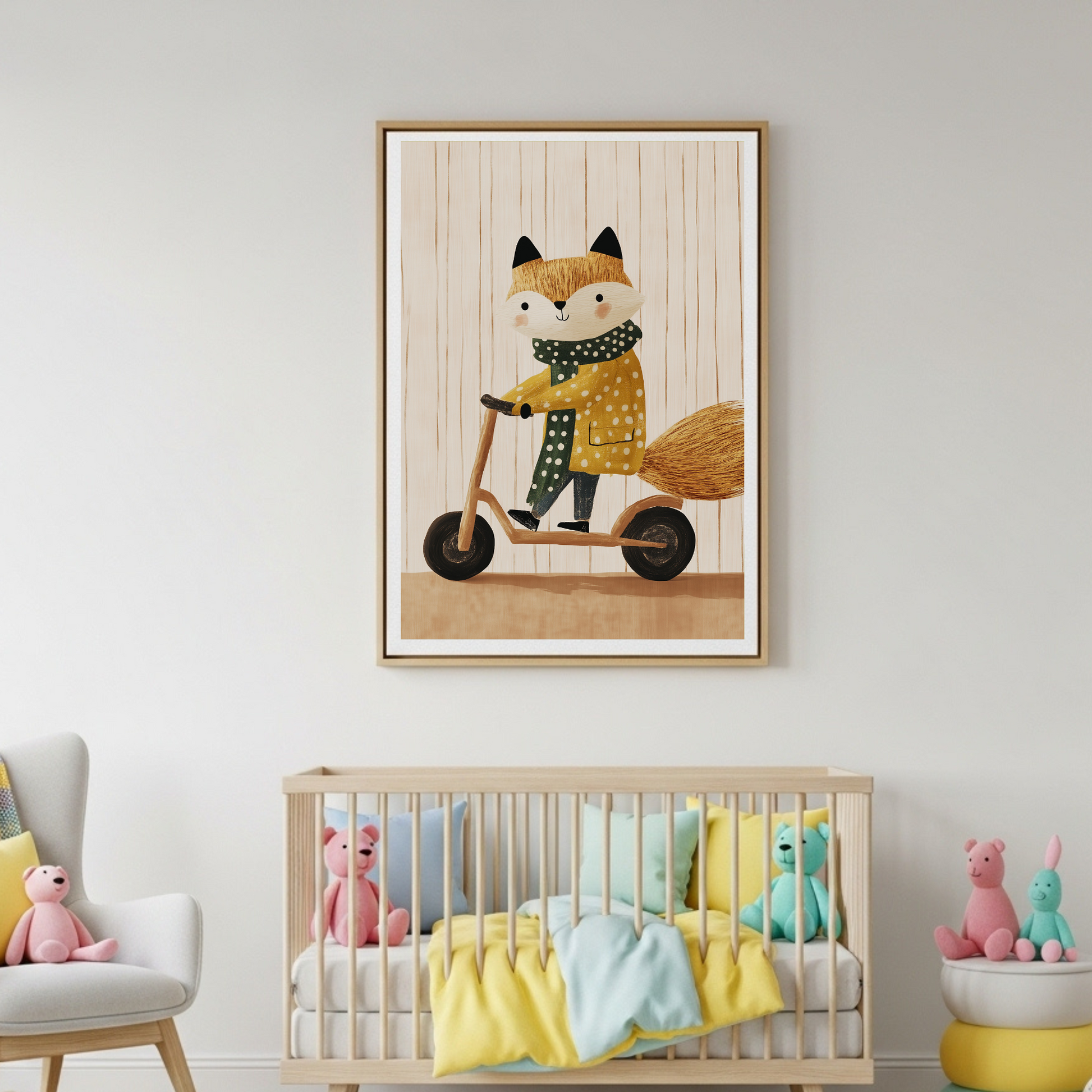 Charming Fox on Scooter Art Print | Whimsical Nursery Decor Poster in Various Sizes