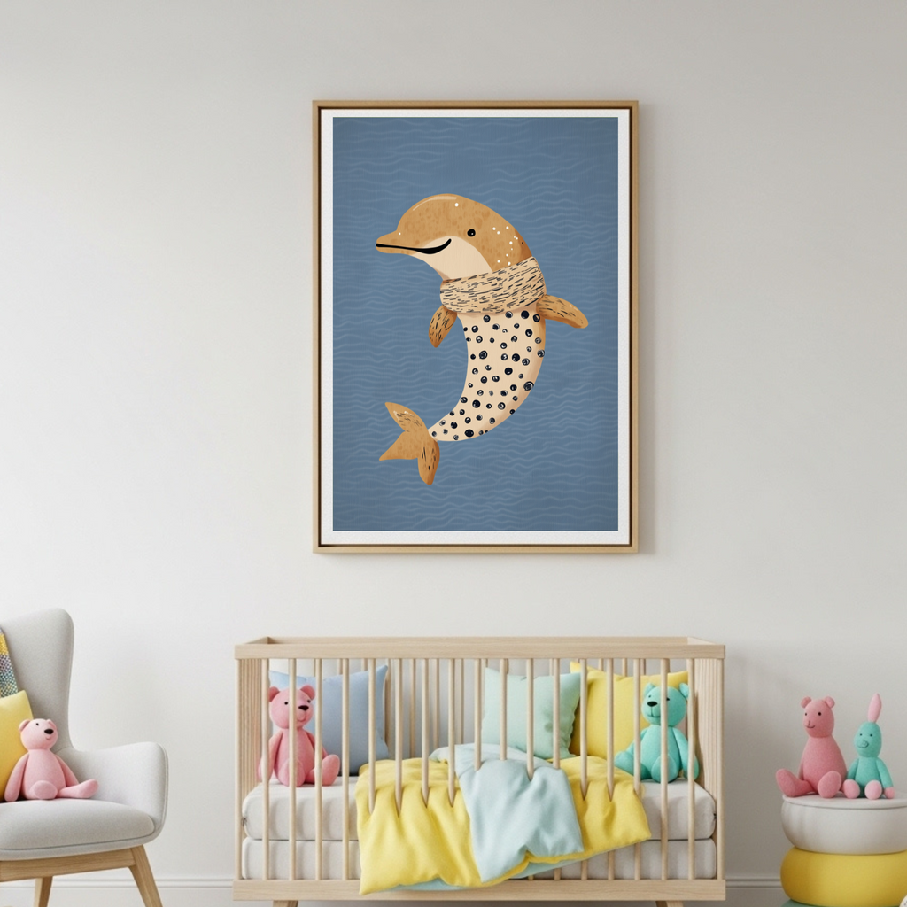 Charming Dolphin with Scarf Art Poster - Playful Ocean Friend Print for Kids & Animal Lovers