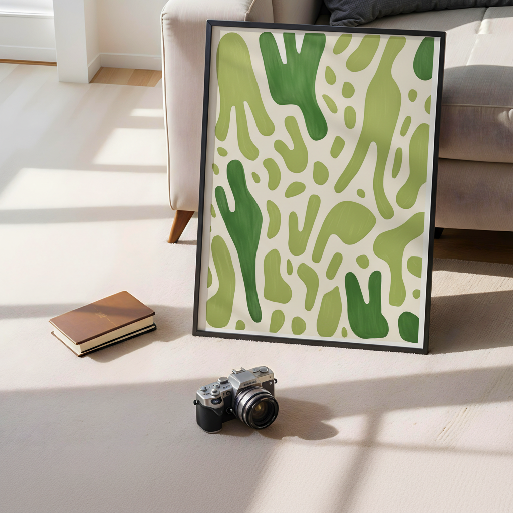 Abstract Green Shapes on Beige Art Print