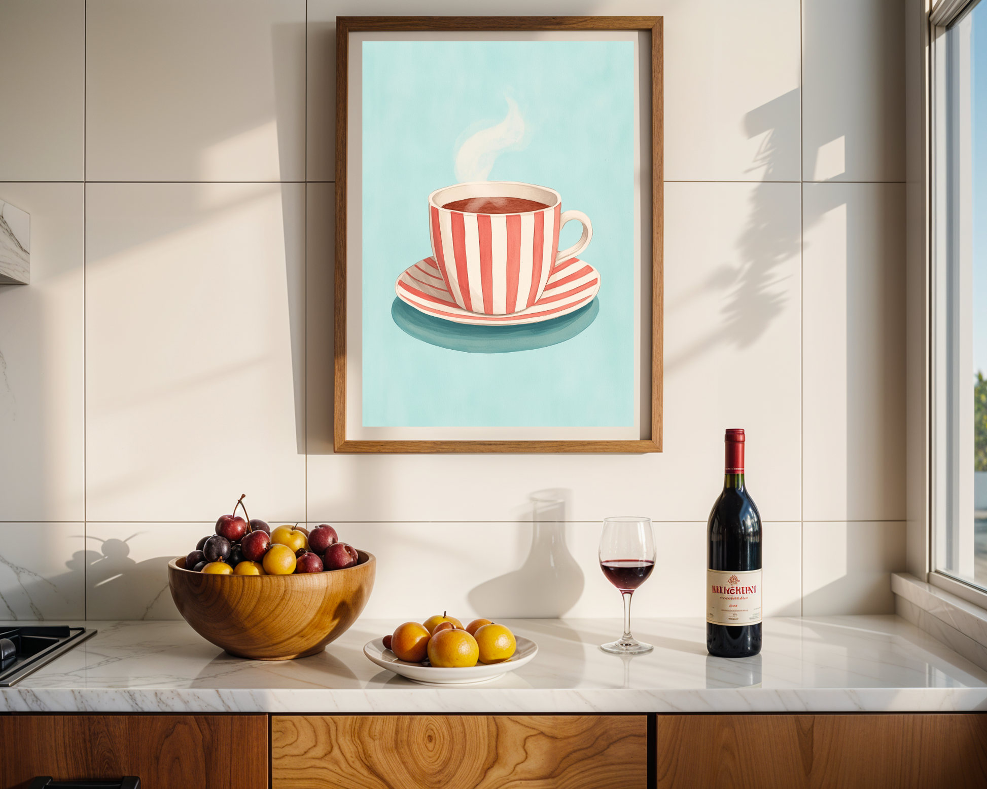 Charming Striped Tea Cup Art Print – Cozy Kitchen & Cafe Wall Decor Poster, available in multiple sizes