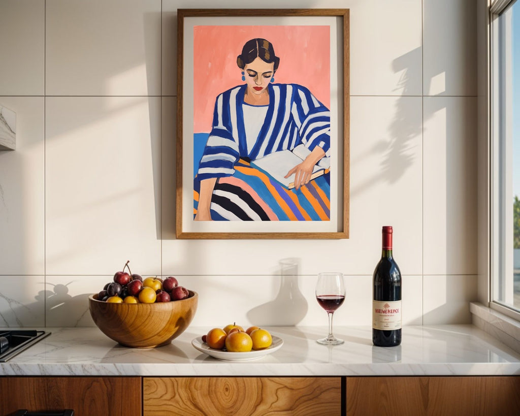 Blue Striped Woman on Peach Poster