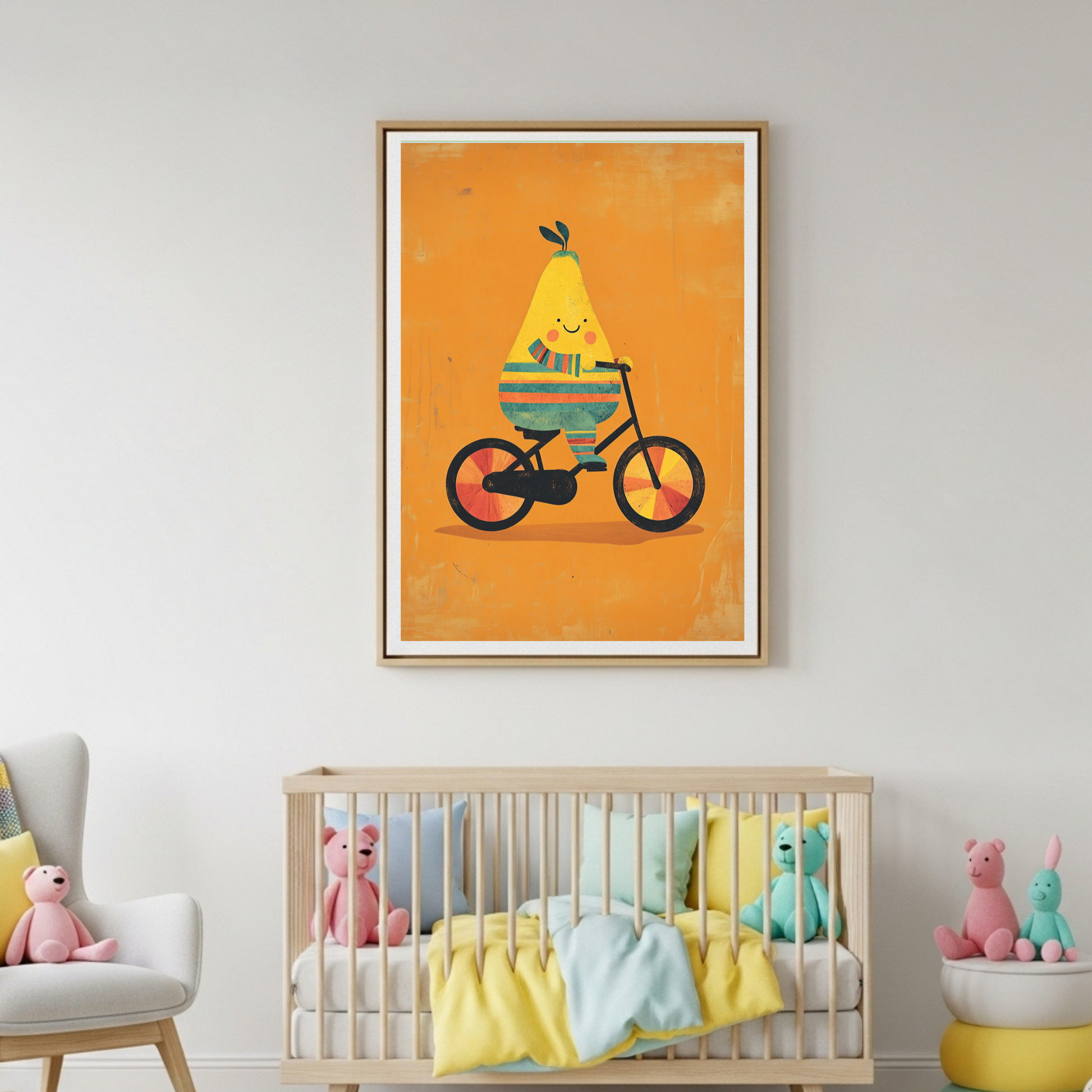 Charming Pear on Bicycle Art Poster - Whimsical Fruit Cycling Print for Kids & Home Decor