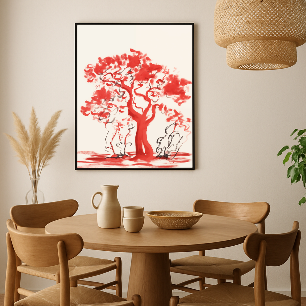 Abstract Red Tree on Cream Canvas Art Print