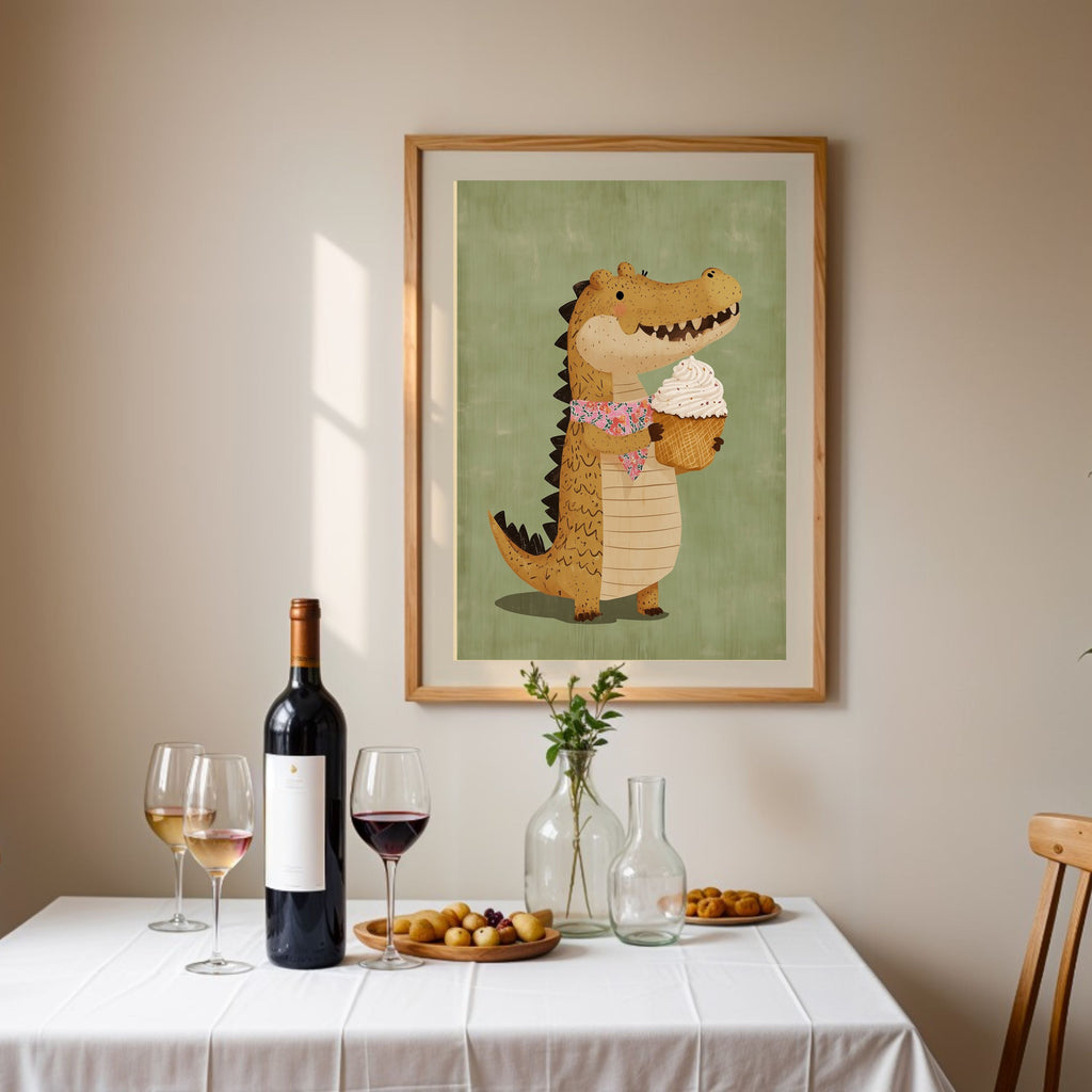 Charming Alligator with Ice Cream Cone Poster - Playful & Whimsical Wall Art for Kids