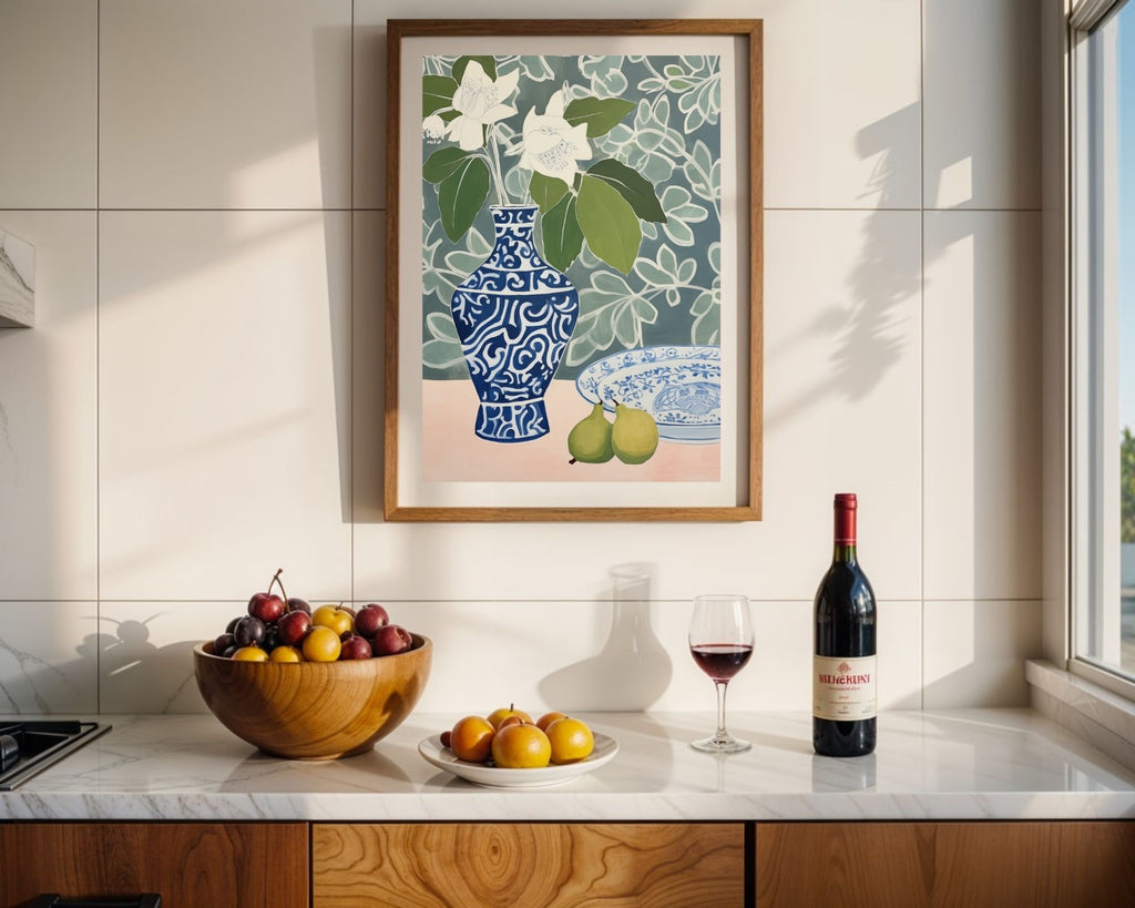 Blue Floral Vase with Pears Art Print