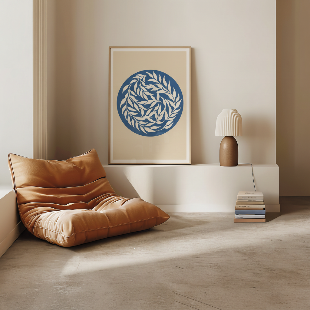 Blue and Beige Botanical Circle Art Print