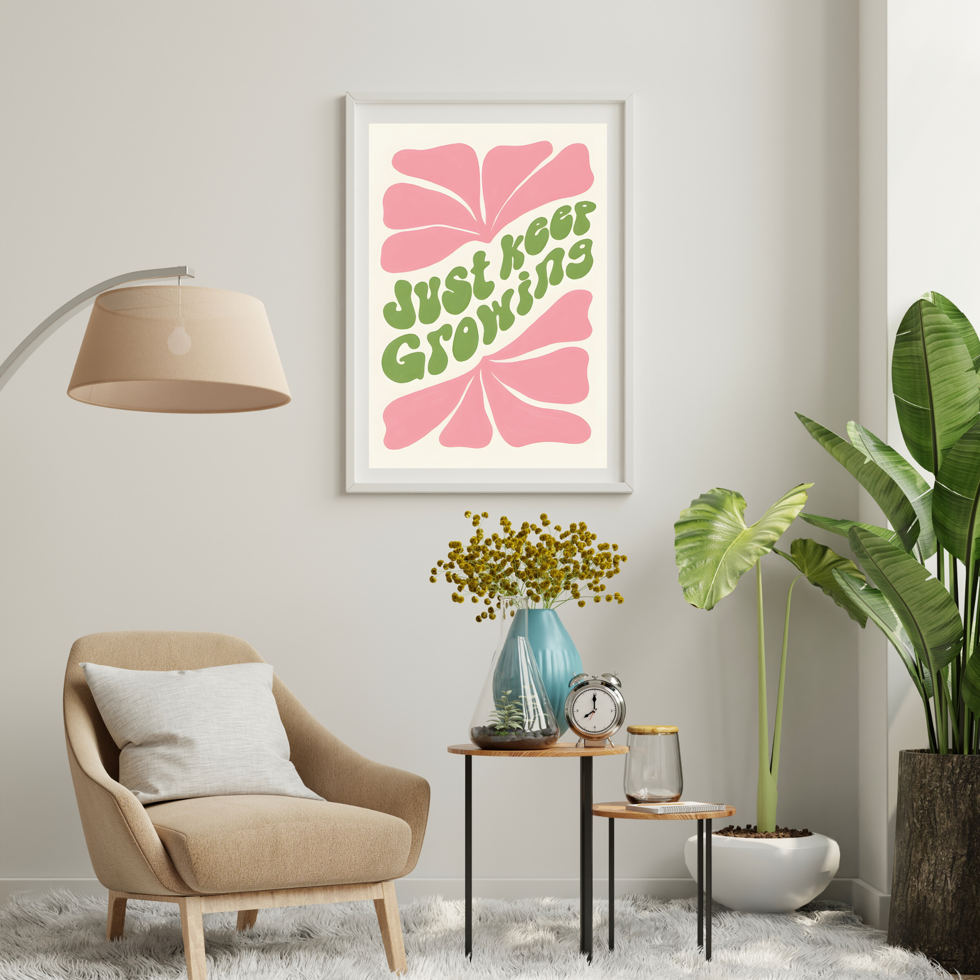 Retro "Just Keep Growing" Poster - Vibrant Pink & Green Art Print for Inspiring Spaces