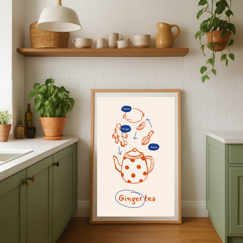 Charming Ginger Tea Recipe Poster: Whimsical Kitchen Art in Your Choice of Sizes