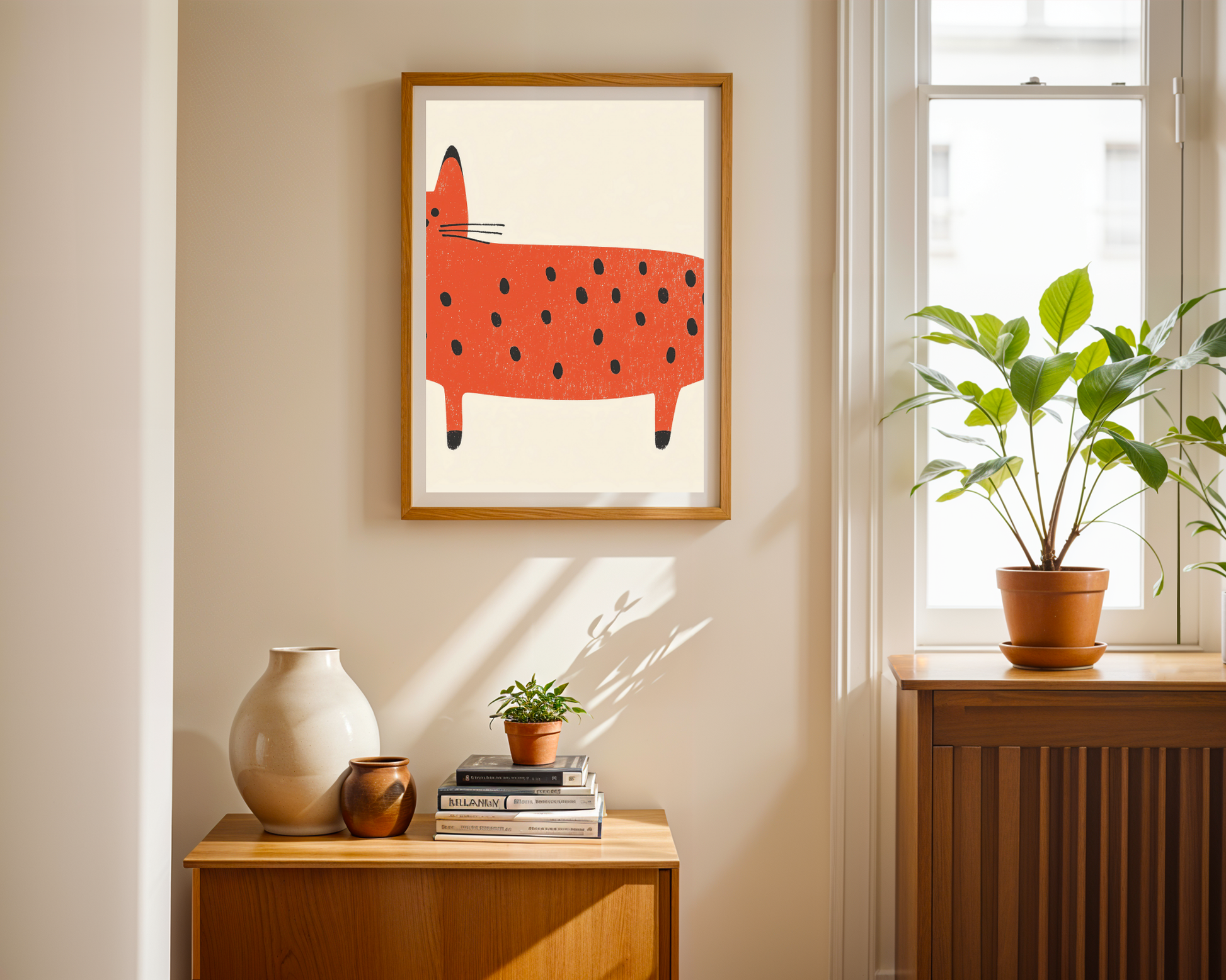 Charming Orange Polka Dot Cat Poster - Playful Feline Art in Various Sizes