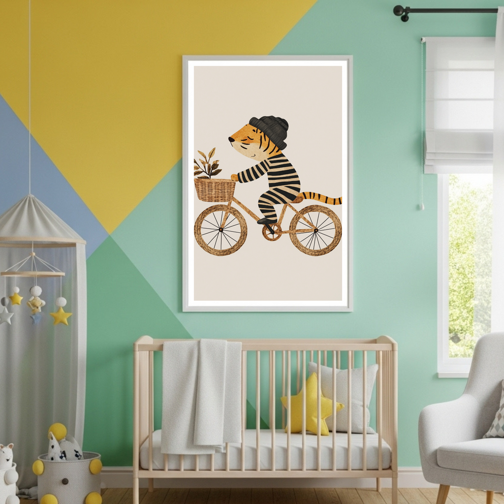 Charming Bicycling Tiger Poster - Whimsical Animal Art Print for Kids & Home Decor