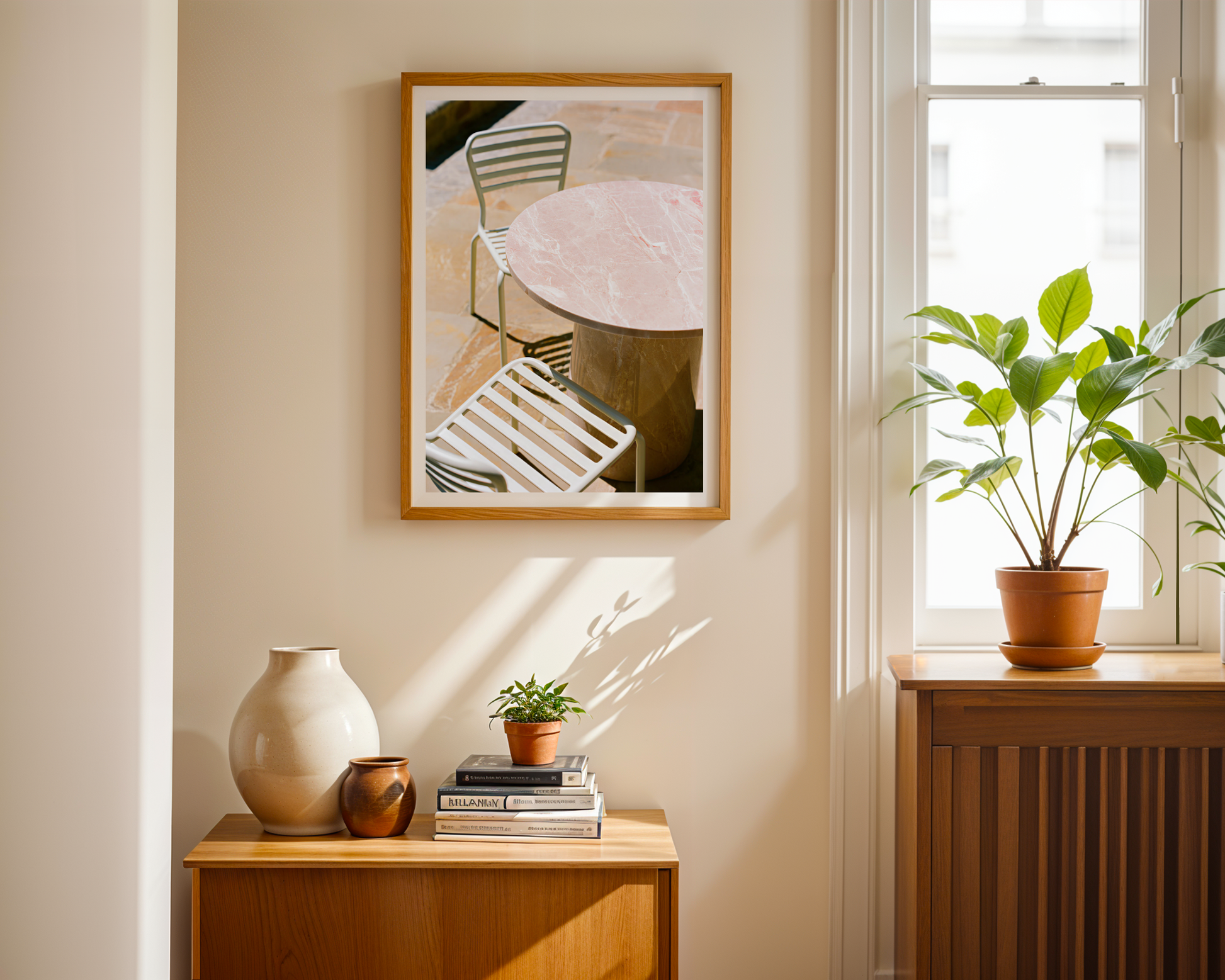 Chic Italian Riviera Patio Poster – Pink Marble Table & Cream Chairs Art Print