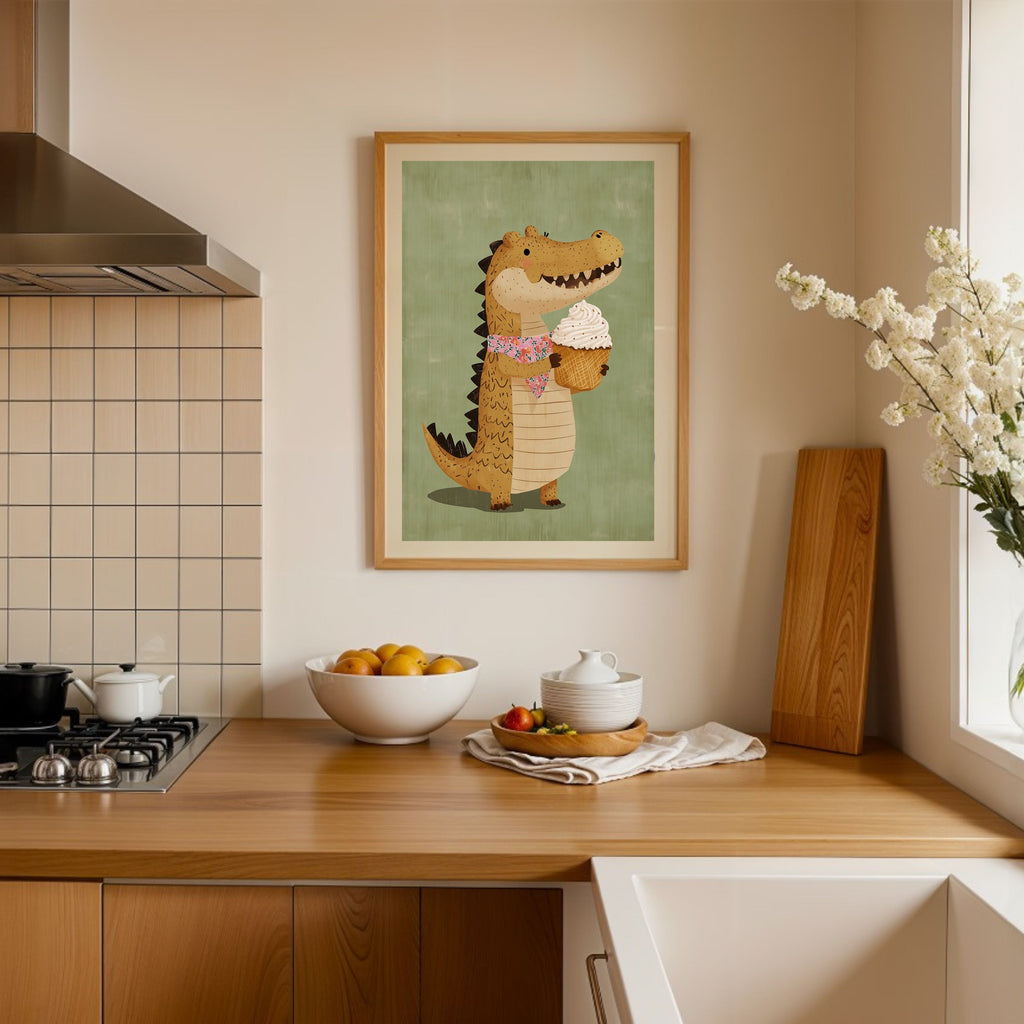 Charming Alligator with Ice Cream Cone Poster - Playful & Whimsical Wall Art for Kids