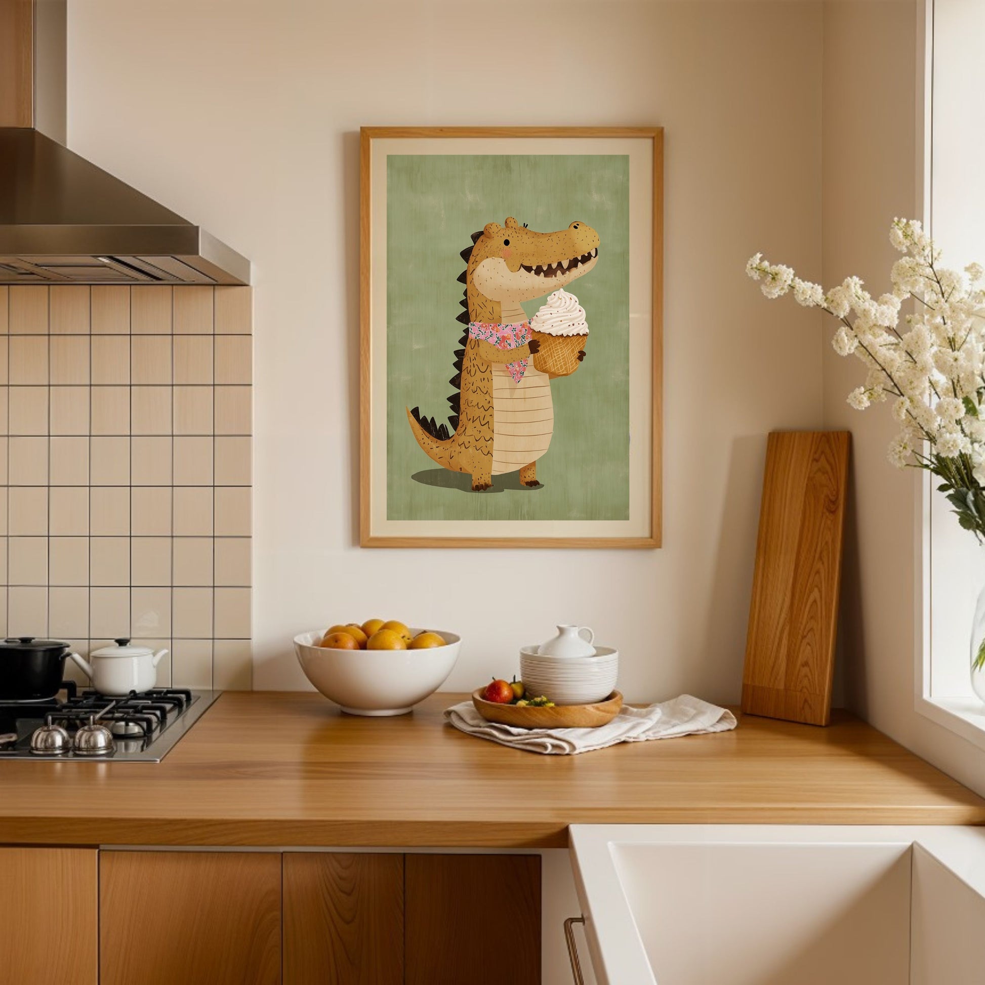Charming Alligator with Ice Cream Cone Poster - Playful & Whimsical Wall Art for Kids