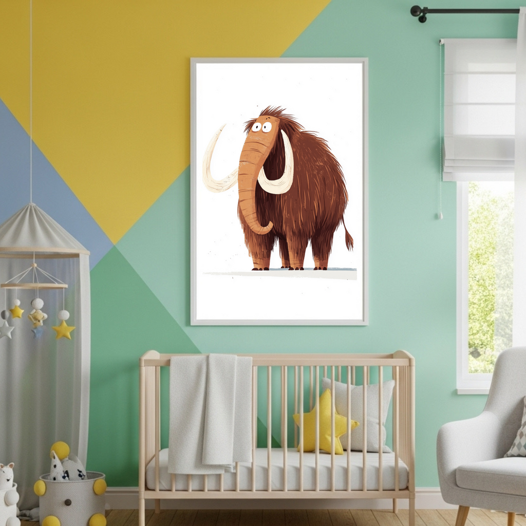 Charming Cartoon Mammoth Poster - Playful Prehistoric Art in Various Sizes