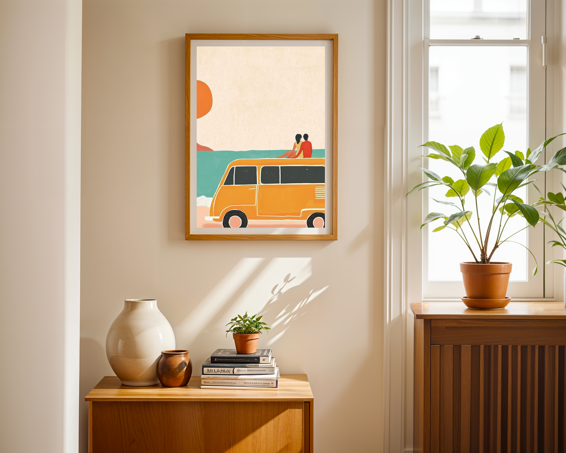 Boho Beach Adventure Van Poster: Retro-Inspired Travel Art in Vibrant Hues, Available in Various Sizes
