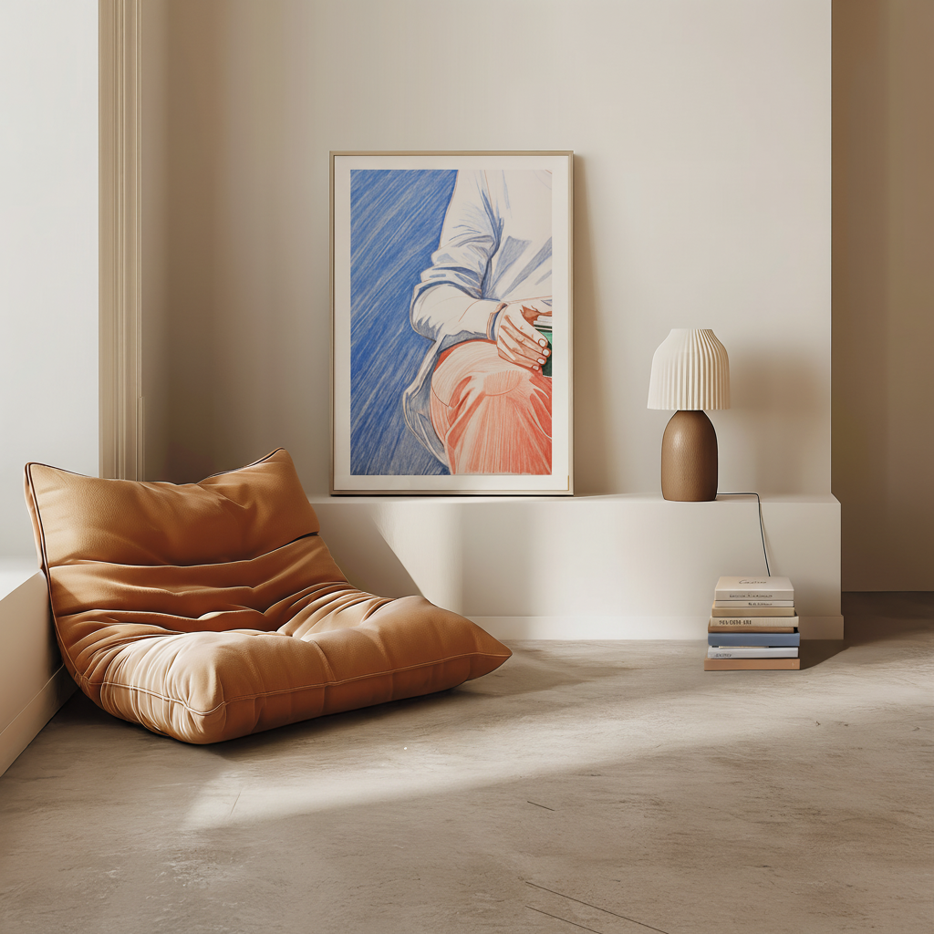 Blue and Orange Sketch with Coffee Art Print