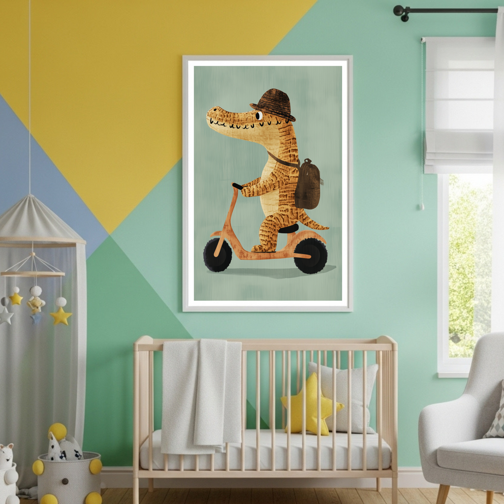 Charming Alligator on Scooter Poster - Whimsical Kids' Room Decor & Animal Art Print