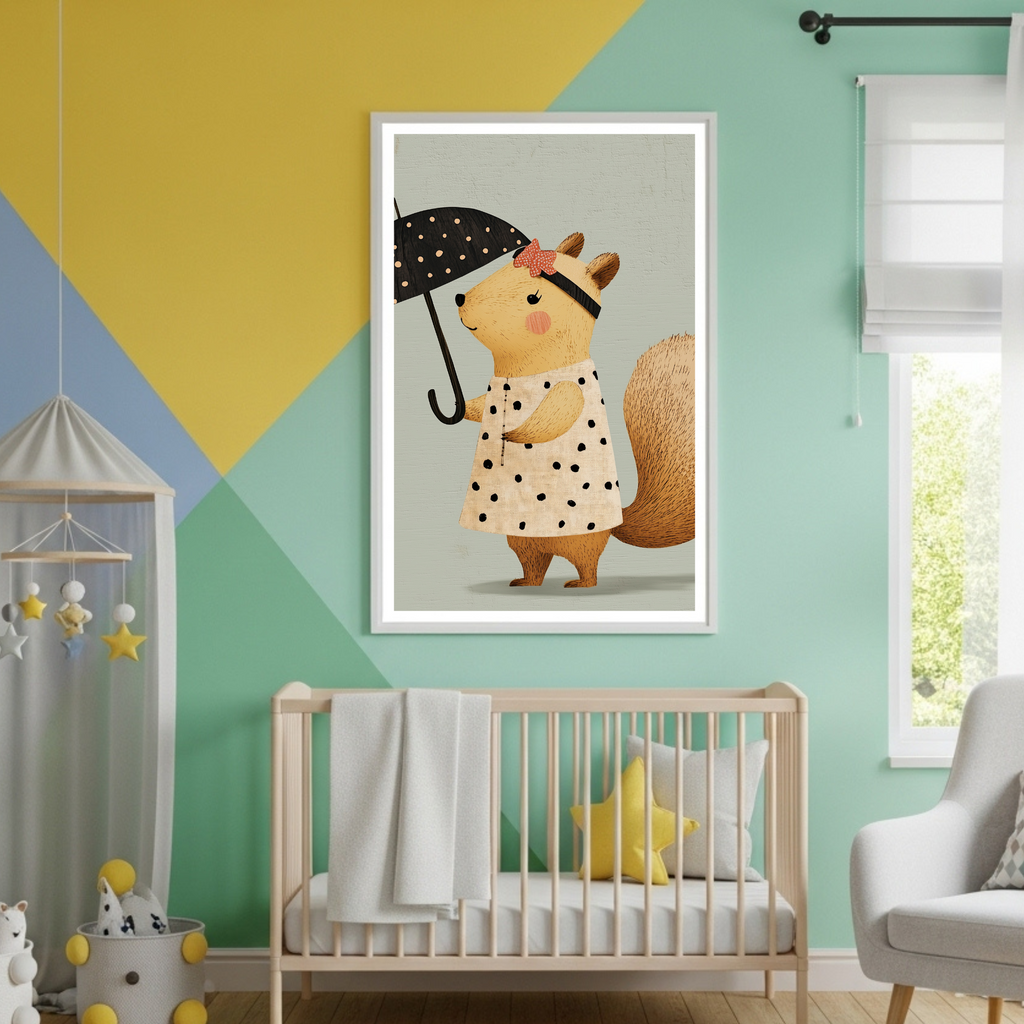 Charming Polka Dot Squirrel with Umbrella Poster - Adorable Kids' Room Decor & Gift
