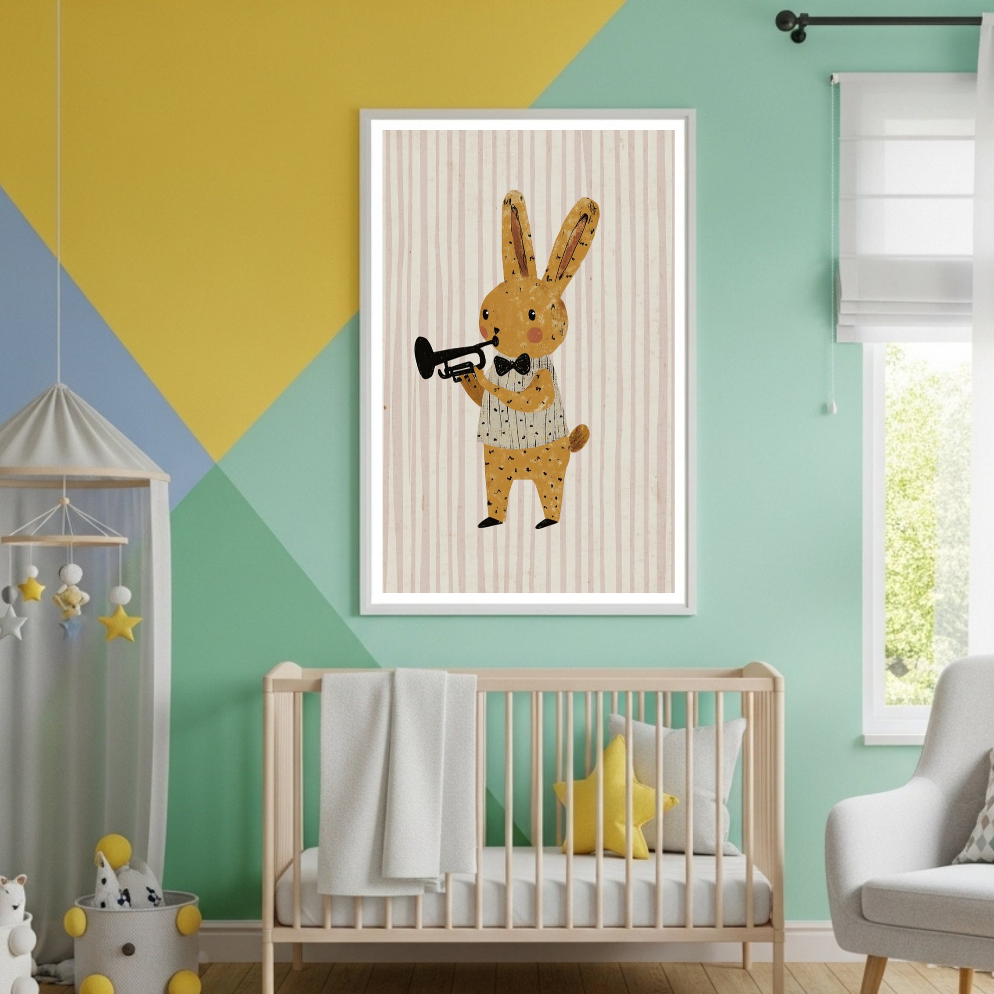 Charming Bunny Trumpeter Poster - Playful Nursery Wall Art in Various Sizes