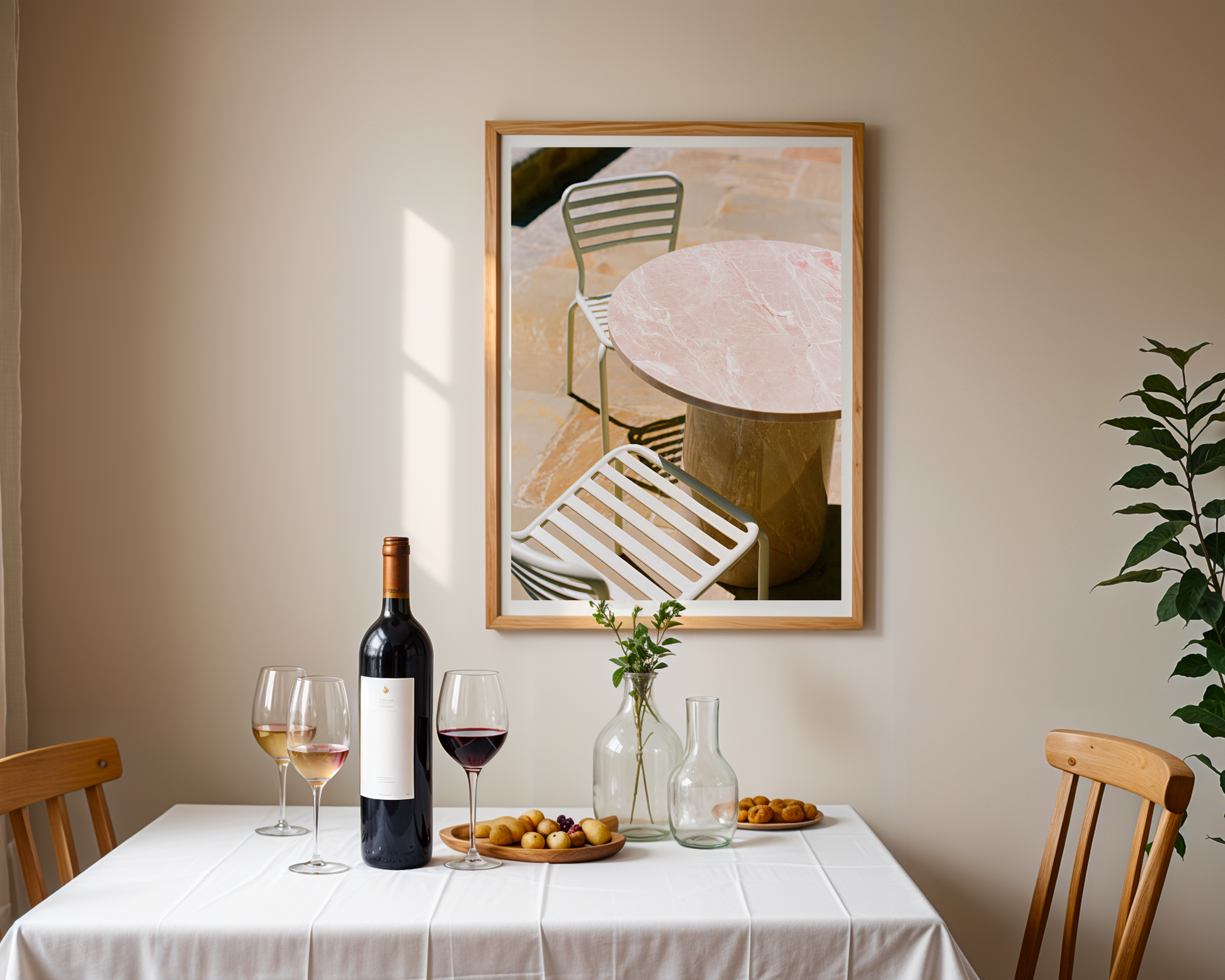 Chic Italian Riviera Patio Poster – Pink Marble Table & Cream Chairs Art Print