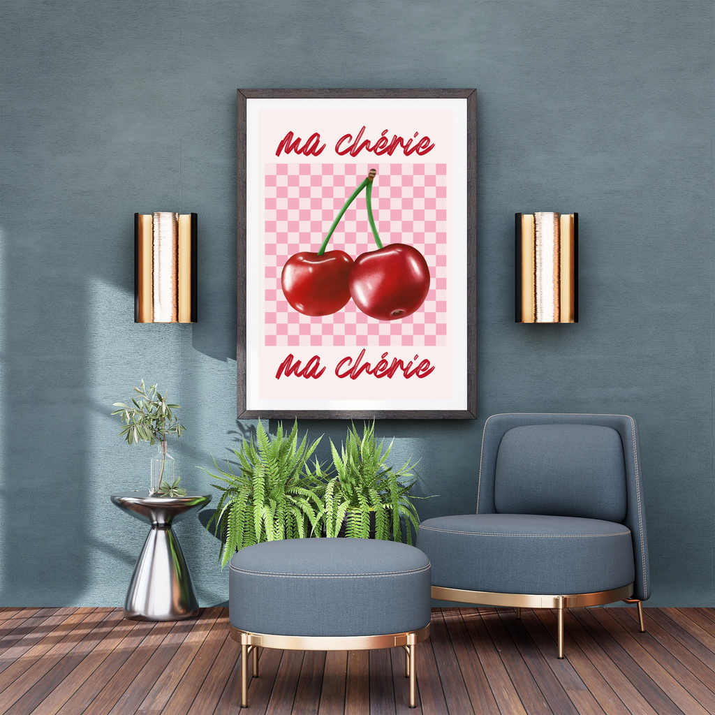 Ma Chérie Sweet Cherries Poster - Retro Pink & Red Wall Art