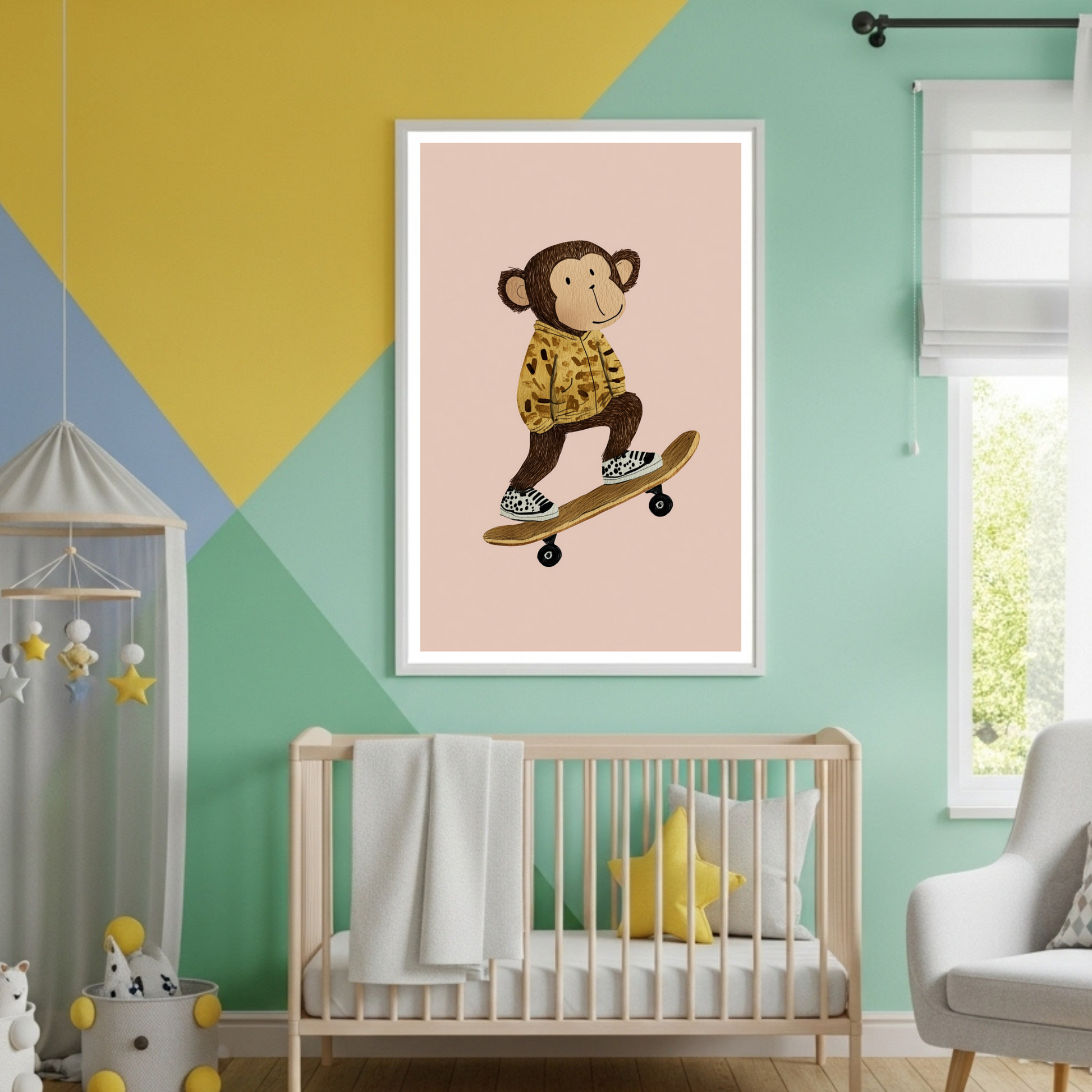 Chic Skater Monkey Poster for Kids: Whimsical Wall Art in Diverse Sizes