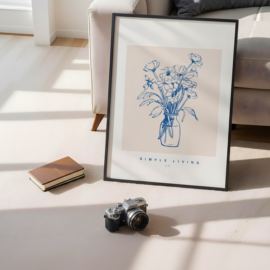 Blue Floral Vase on Beige Canvas Art Print