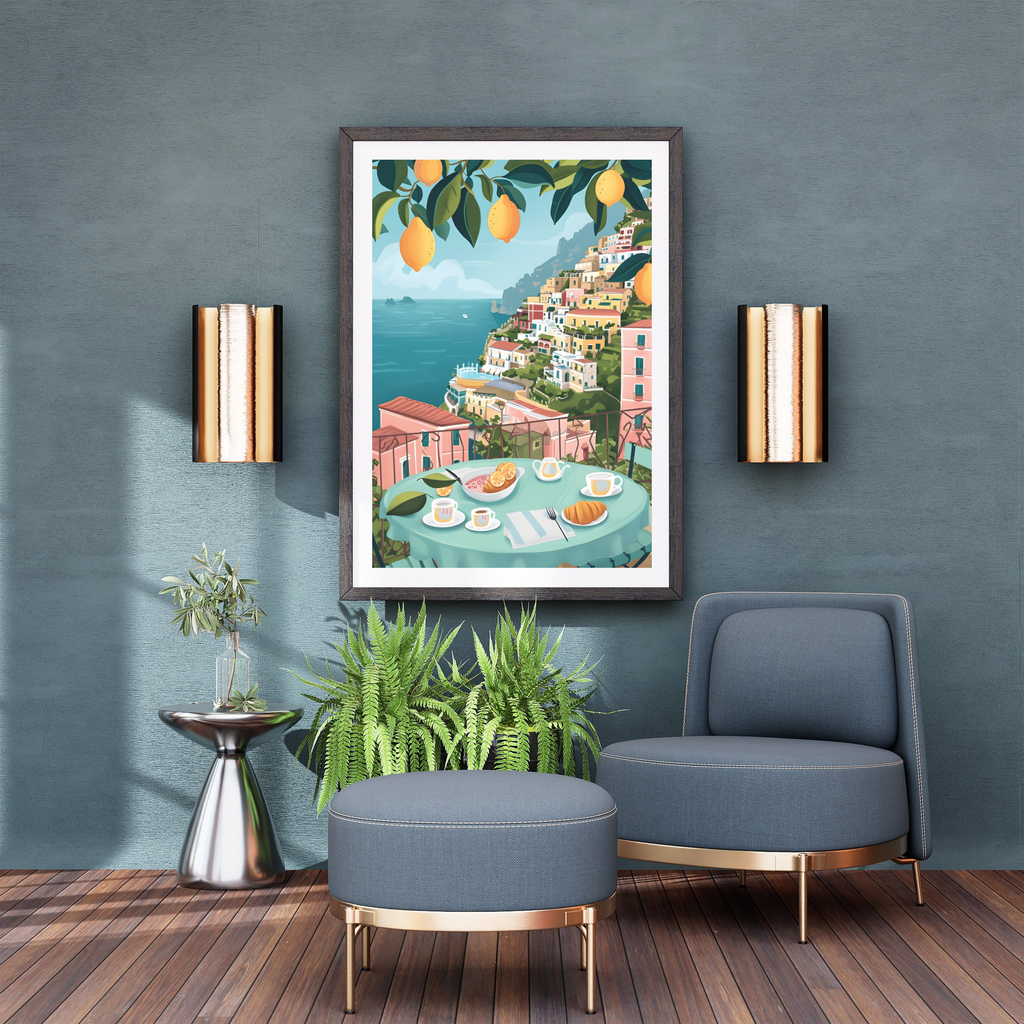 Amalfi Coast Morning Serenity Poster - Italian Riviera Breakfast View, Available in Multiple Sizes