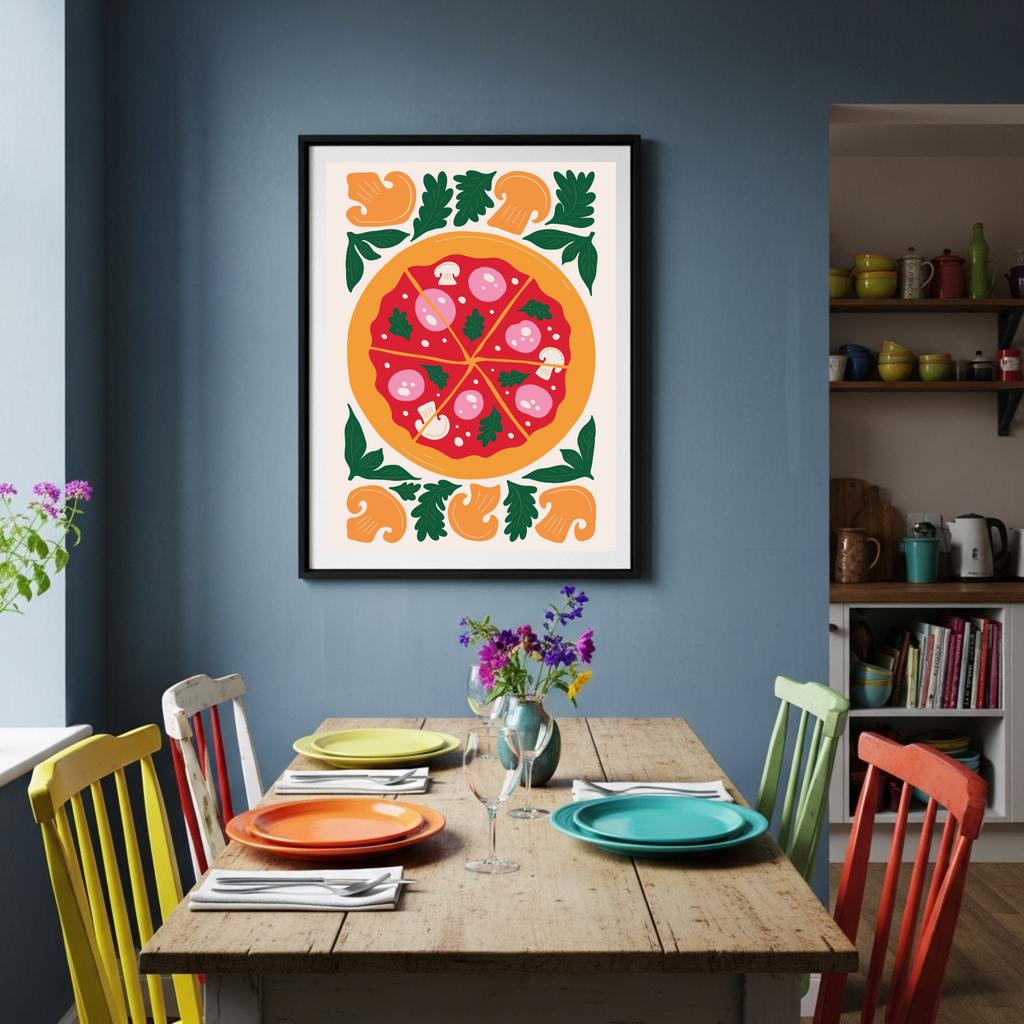 Abstract Pizza Delight Poster: Whimsical Art Print with Bold Colors & Playful Design