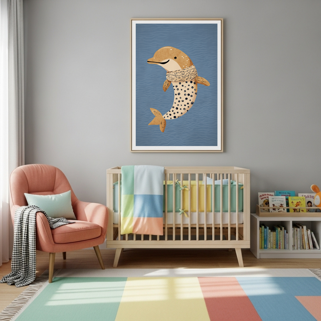 Charming Dolphin with Scarf Art Poster - Playful Ocean Friend Print for Kids & Animal Lovers
