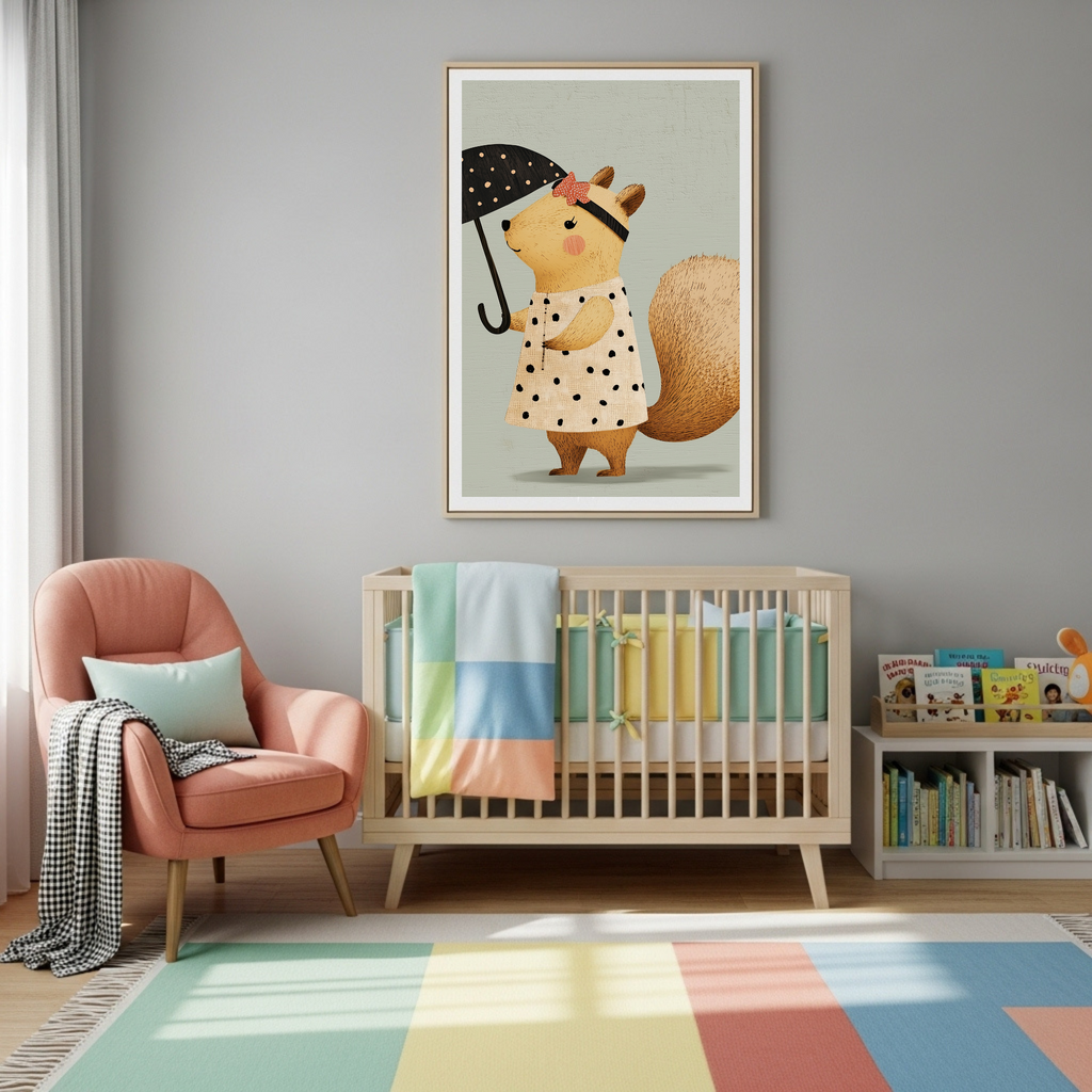 Charming Polka Dot Squirrel with Umbrella Poster - Adorable Kids' Room Decor & Gift